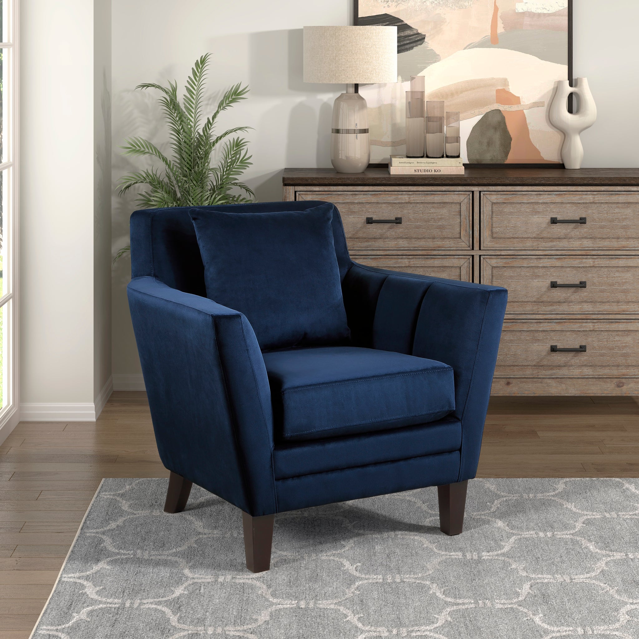 Stylish Home Accent Chair Blue Velvet Upholstery Matching Pillow Solid Wood Furniture Living Room 1Pc Blue Primary Living Space Modern Solid Wood