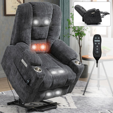 Emon'S Large Power Lift Recliner Chair With Massage And Heat For Elderly, Overstuffed Wide Recliners, Heavy Duty Motion Mechanism With Usb And Type C Ports, 2 Steel Cup Holders, Gray White Metal Primary Living Space Heavy Duty Pine Grey Chenille Power
