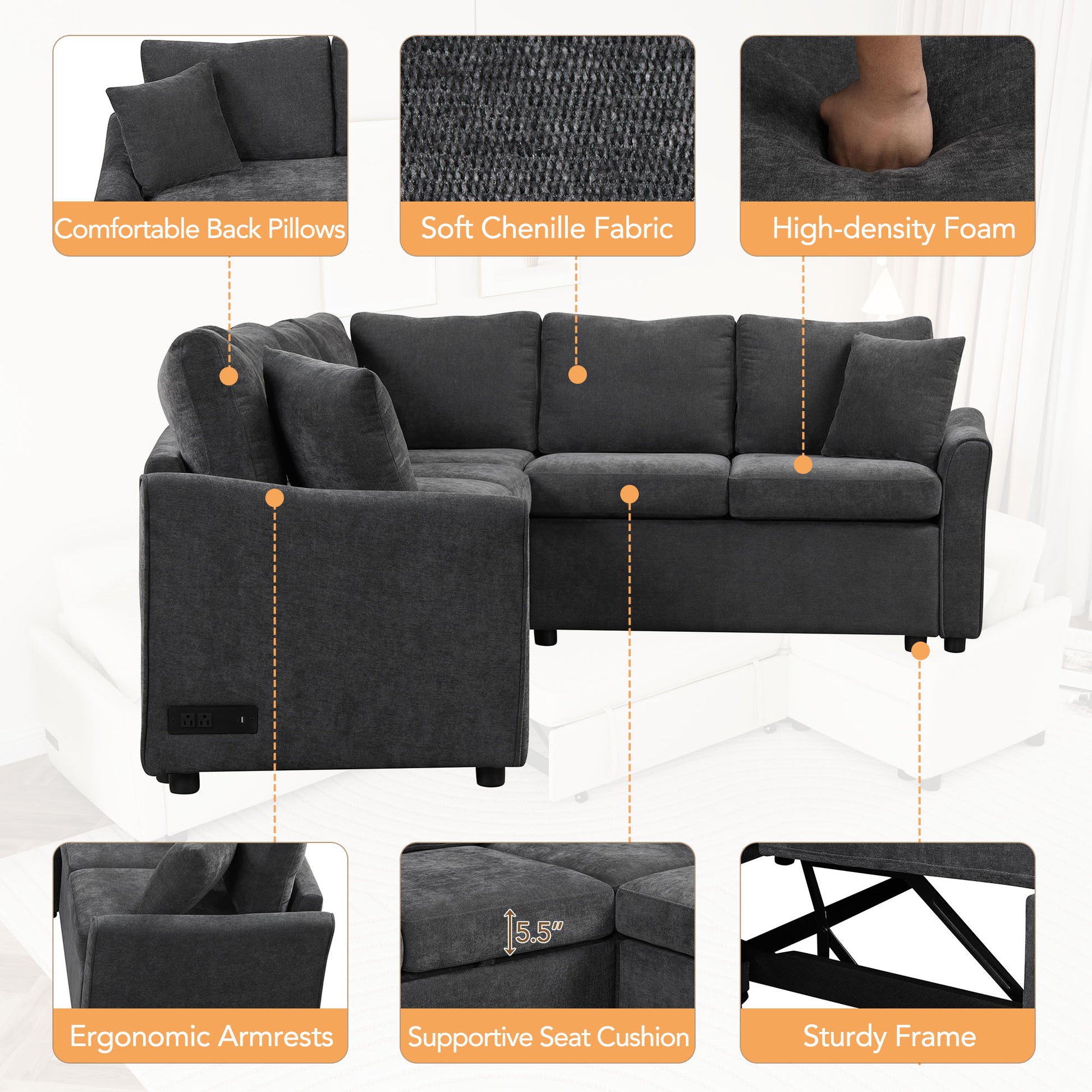 124.8"L Shaped Sofa Convertible Sofa Bed Pull Out Sofa Sleeper With Two Back Pillows, Two Usb Ports And Two Power Sockets For Living Room, Gray Old Sku:Sg000890Aae Gray Foam Chenille 6 Seat