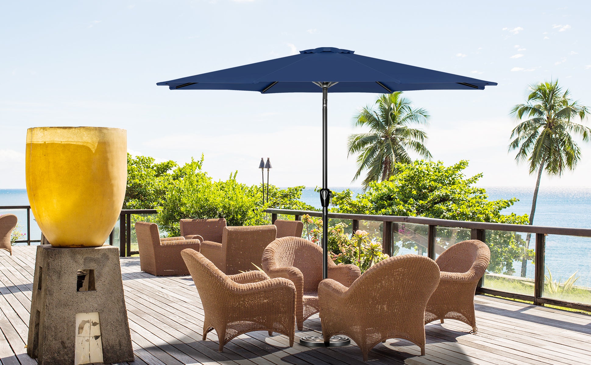 10' Patio Umbrella Outdoor Table Market Yard Umbrella With Push Button Tilt Crank Dark Blue Stainless Steel