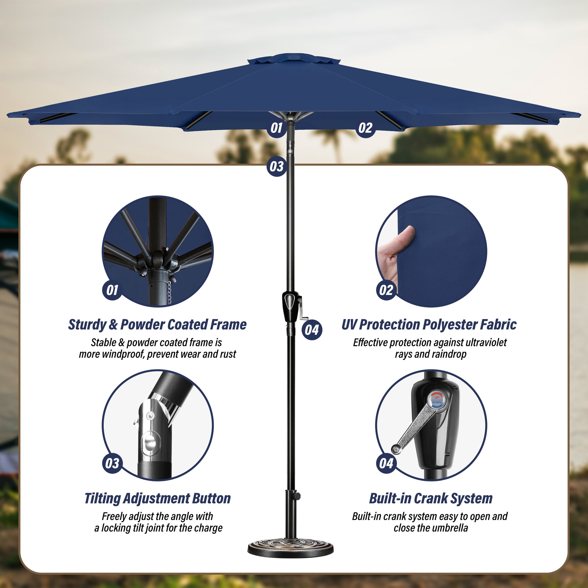 10' Patio Umbrella Outdoor Table Market Yard Umbrella With Push Button Tilt Crank Dark Blue Stainless Steel