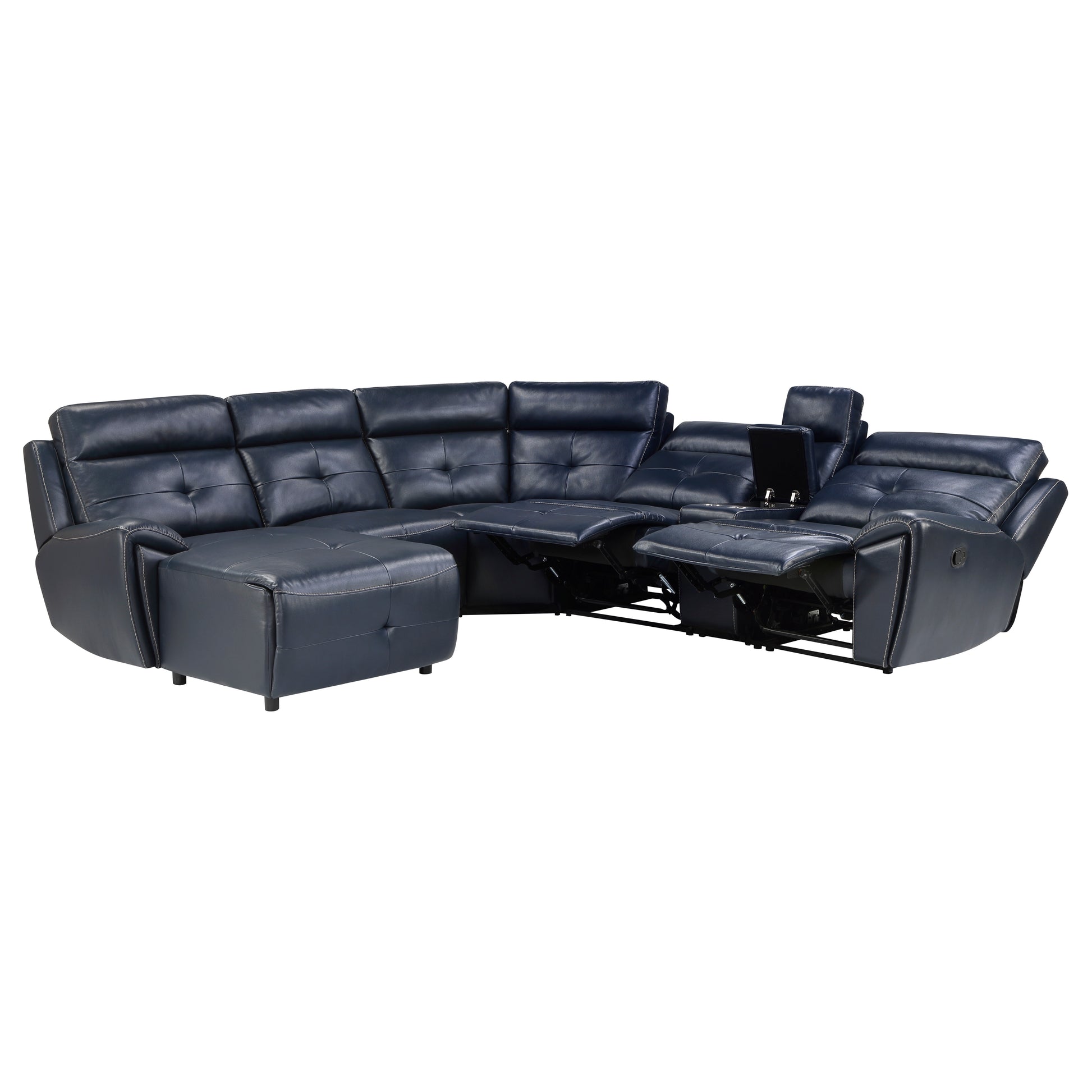 6 Piece Modular Reclining Sectional With Left Chaise Navy Blue Premium Faux Leather Tufted Details Solid Wood Modern Living Room Furniture Plush Pillow Back Seating Navy Faux Leather Wood Primary Living Space Pillow Back Modern Solid Wood