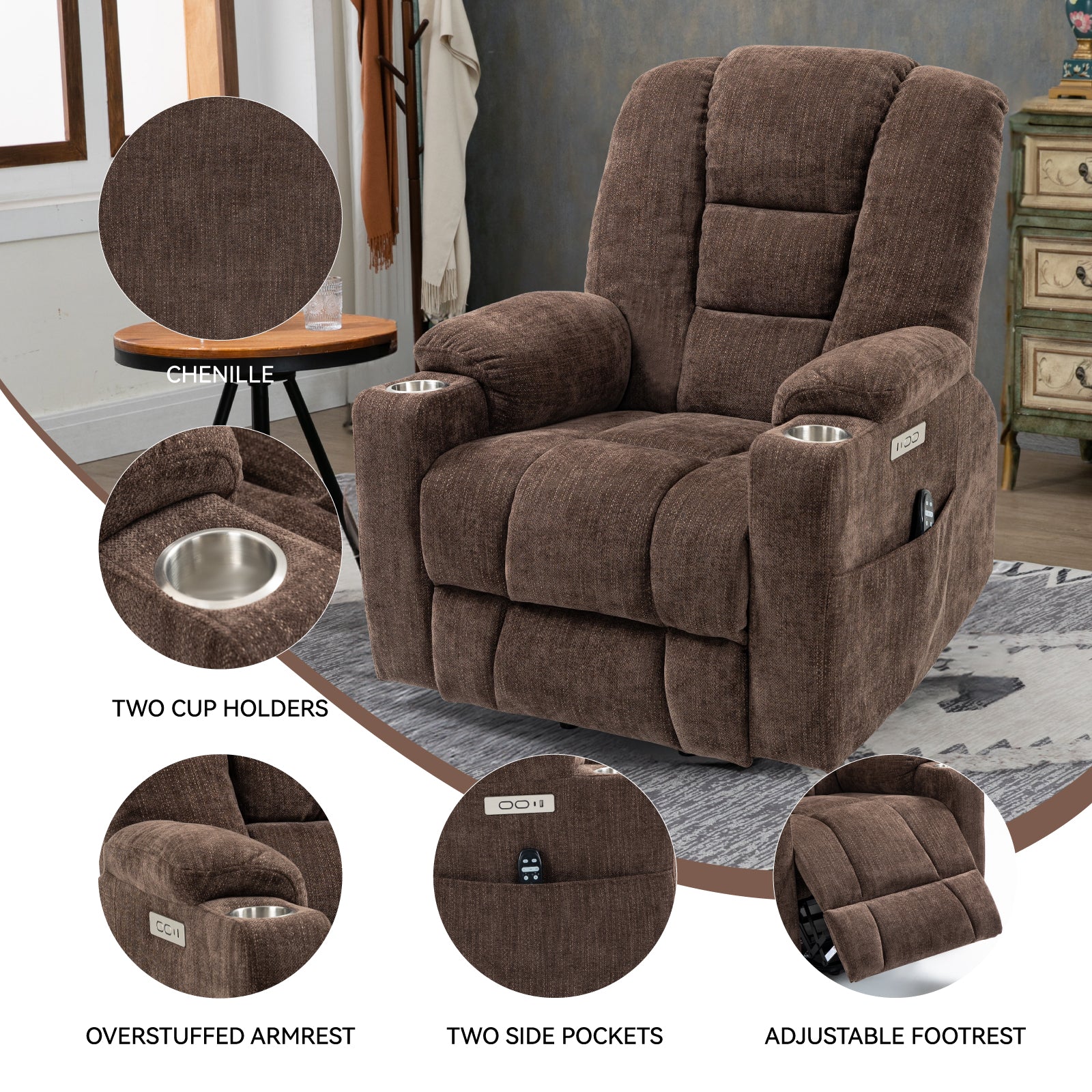 Emon'S Large Power Lift Recliner Chair With Massage And Heat For Elderly, Overstuffed Wide Recliners, Heavy Duty Motion Mechanism With Usb And Type C Ports, 2 Steel Cup Holders, Brown White Metal