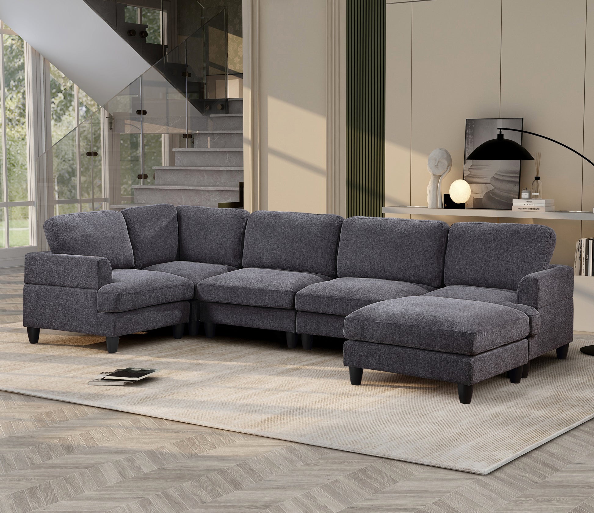 Modular Sofa, Sectional Couch U Shaped Sofa Couch With Ottoman, 6 Seat Chenille Corner Sofa For Living Room, Dark Gray Dark Gray Chenille Cushion Back Foam Plywood 6 Seat