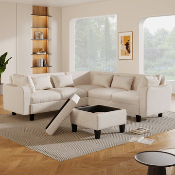 87" Modern Sectional Sofa With Coffee Table,6 Seat Couch Set With Storage Ottoman,Various Combinations,L Shape Indoor Furniture With Unique Armrests For Living Room,Apartment, 2 Colors 6 Pillows Beige Linen 6 Seat