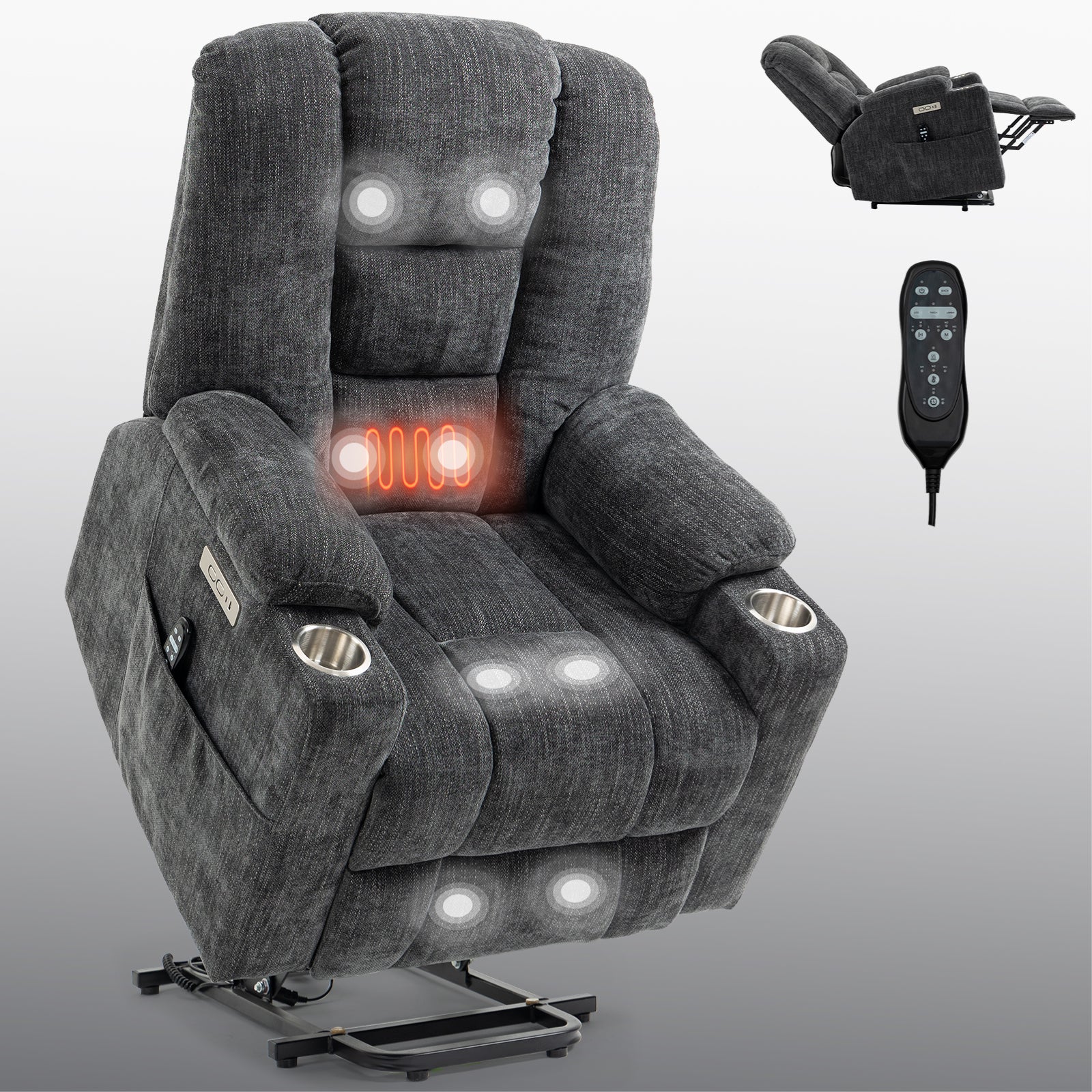Emon'S Large Power Lift Recliner Chair With Massage And Heat For Elderly, Overstuffed Wide Recliners, Heavy Duty Motion Mechanism With Usb And Type C Ports, 2 Steel Cup Holders, Gray White Metal Primary Living Space Heavy Duty Pine Grey Chenille Power