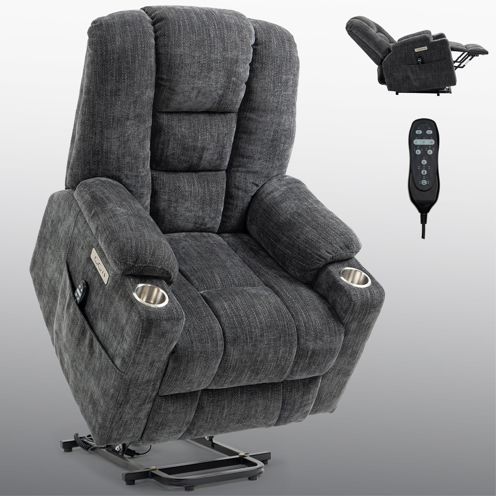 Emon'S Large Power Lift Recliner Chair With Massage And Heat For Elderly, Overstuffed Wide Recliners, Heavy Duty Motion Mechanism With Usb And Type C Ports, 2 Steel Cup Holders, Gray White Metal Primary Living Space Heavy Duty Pine Grey Chenille Power