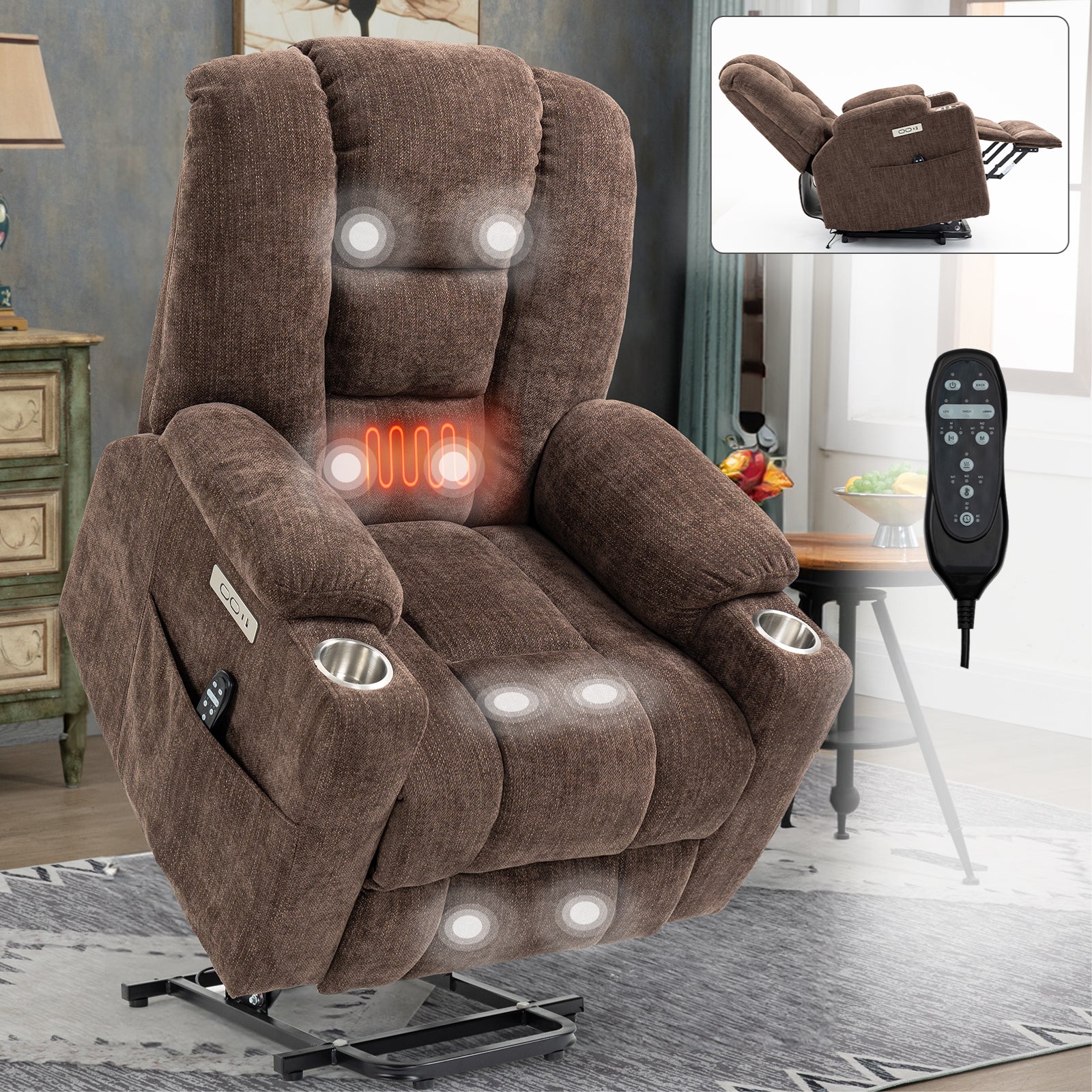 Emon'S Large Power Lift Recliner Chair With Massage And Heat For Elderly, Overstuffed Wide Recliners, Heavy Duty Motion Mechanism With Usb And Type C Ports, 2 Steel Cup Holders, Brown White Metal