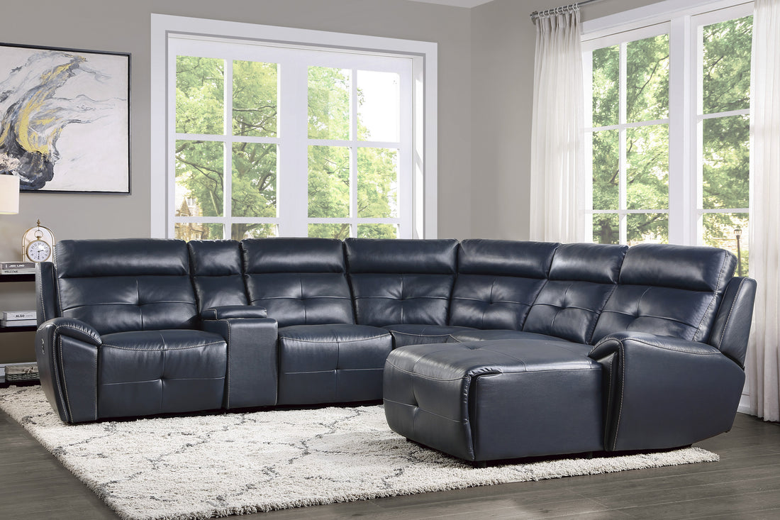 6 Piece Modular Reclining Sectional With Right Chaise Navy Blue Premium Faux Leather Tufted Details Solid Wood Modern Living Room Furniture Plush Pillow Back Seating Navy Faux Leather Wood Primary Living Space Pillow Back Modern Solid Wood