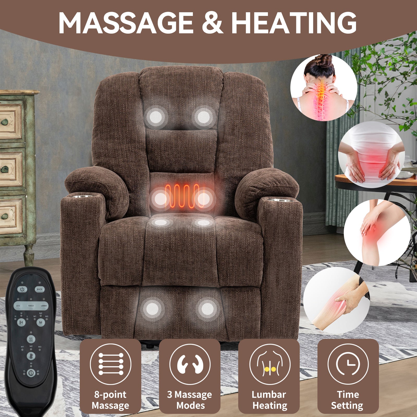 Emon'S Large Power Lift Recliner Chair With Massage And Heat For Elderly, Overstuffed Wide Recliners, Heavy Duty Motion Mechanism With Usb And Type C Ports, 2 Steel Cup Holders, Brown White Metal