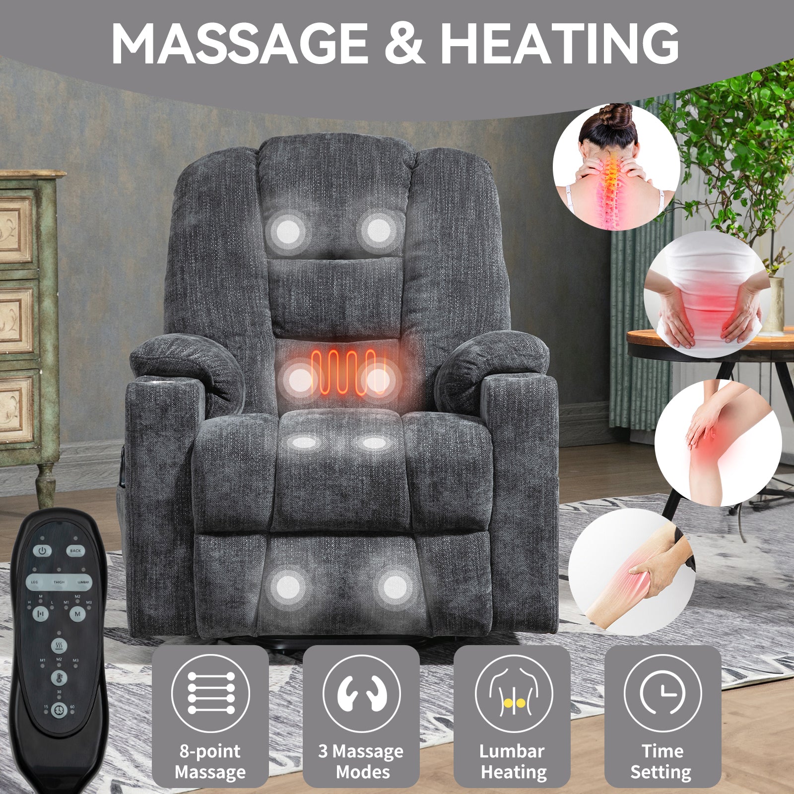 Emon'S Large Power Lift Recliner Chair With Massage And Heat For Elderly, Overstuffed Wide Recliners, Heavy Duty Motion Mechanism With Usb And Type C Ports, 2 Steel Cup Holders, Gray White Metal Primary Living Space Heavy Duty Pine Grey Chenille Power