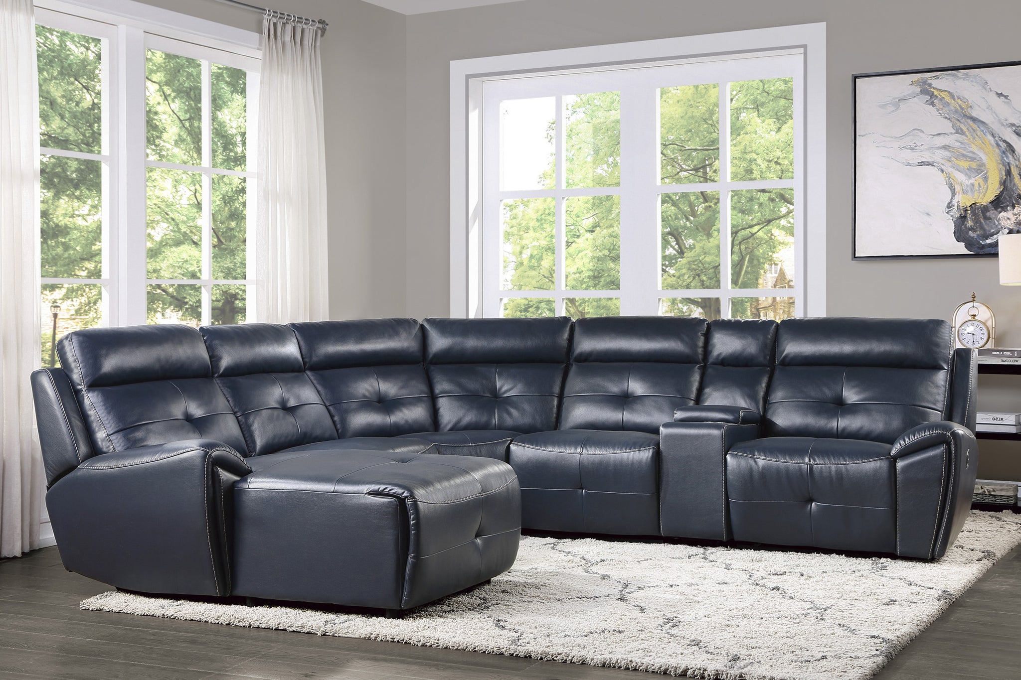 6 Piece Modular Reclining Sectional With Left Chaise Navy Blue Premium Faux Leather Tufted Details Solid Wood Modern Living Room Furniture Plush Pillow Back Seating Navy Faux Leather Wood Primary Living Space Pillow Back Modern Solid Wood