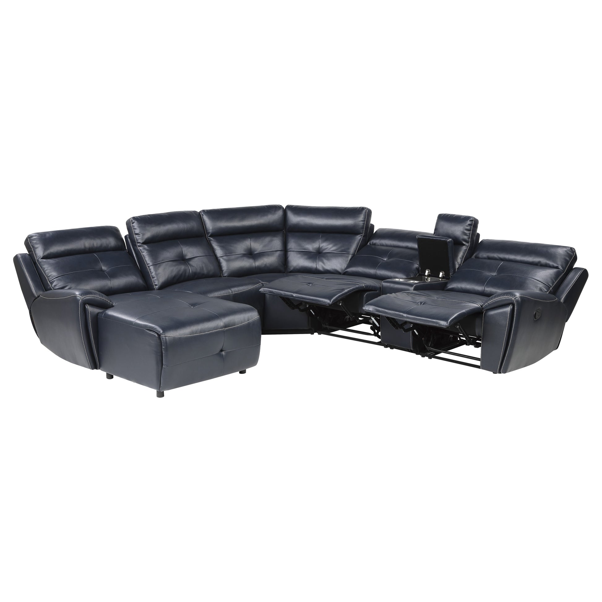 6 Piece Modular Reclining Sectional With Left Chaise Navy Blue Premium Faux Leather Tufted Details Solid Wood Modern Living Room Furniture Plush Pillow Back Seating Navy Faux Leather Wood Primary Living Space Pillow Back Modern Solid Wood