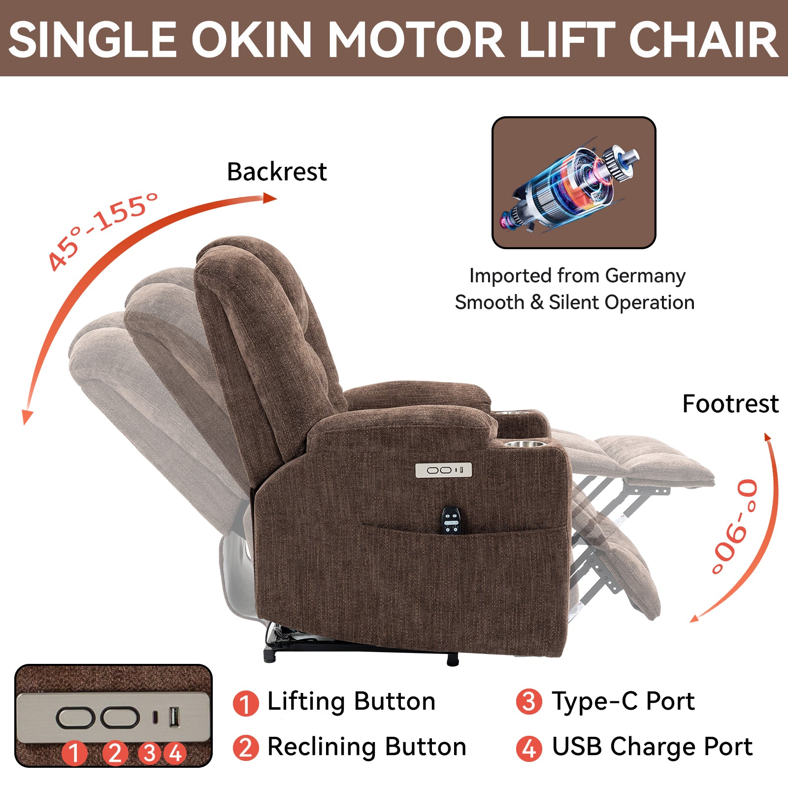 Emon'S Large Power Lift Recliner Chair With Massage And Heat For Elderly, Overstuffed Wide Recliners, Heavy Duty Motion Mechanism With Usb And Type C Ports, 2 Steel Cup Holders, Brown White Metal