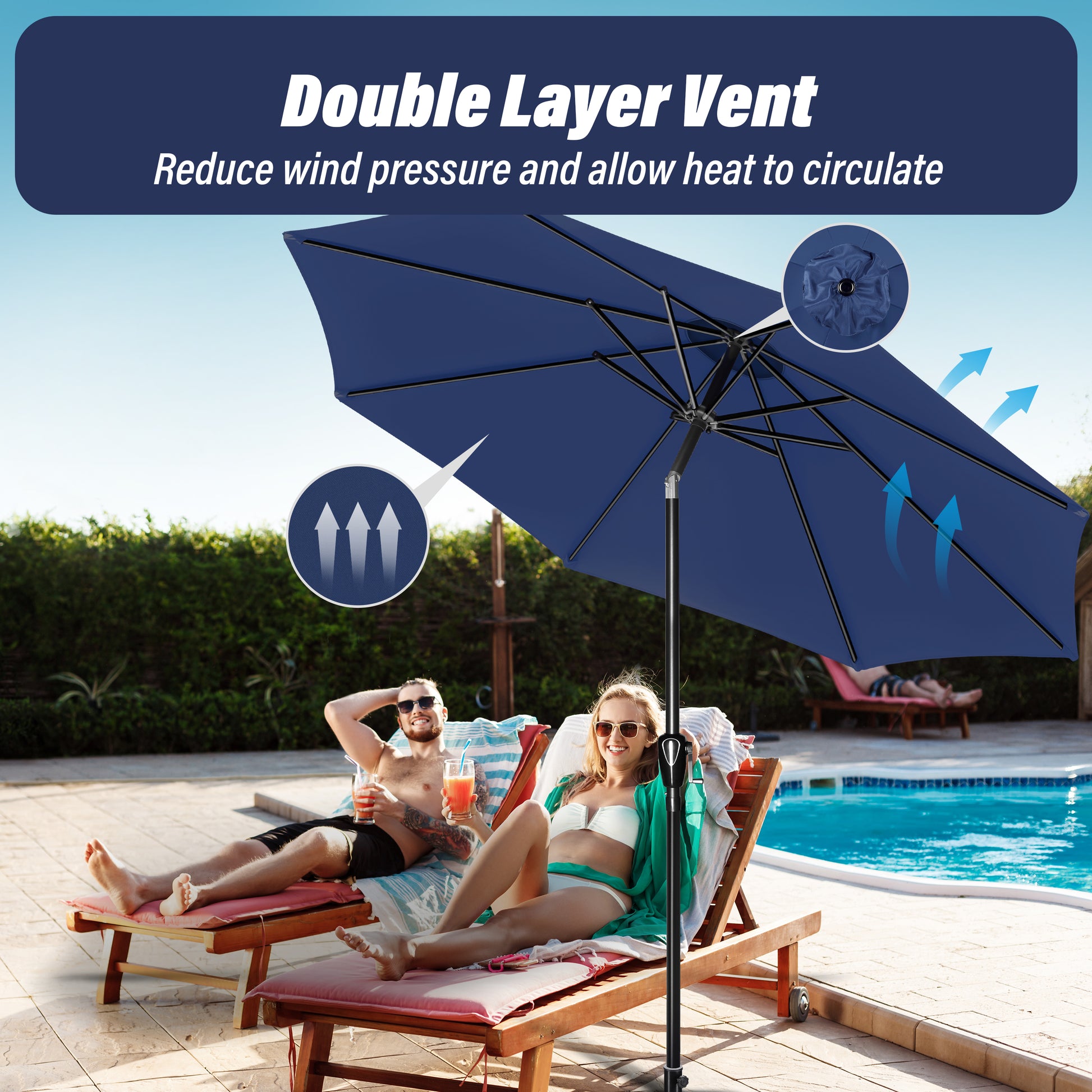 10' Patio Umbrella Outdoor Table Market Yard Umbrella With Push Button Tilt Crank Dark Blue Stainless Steel