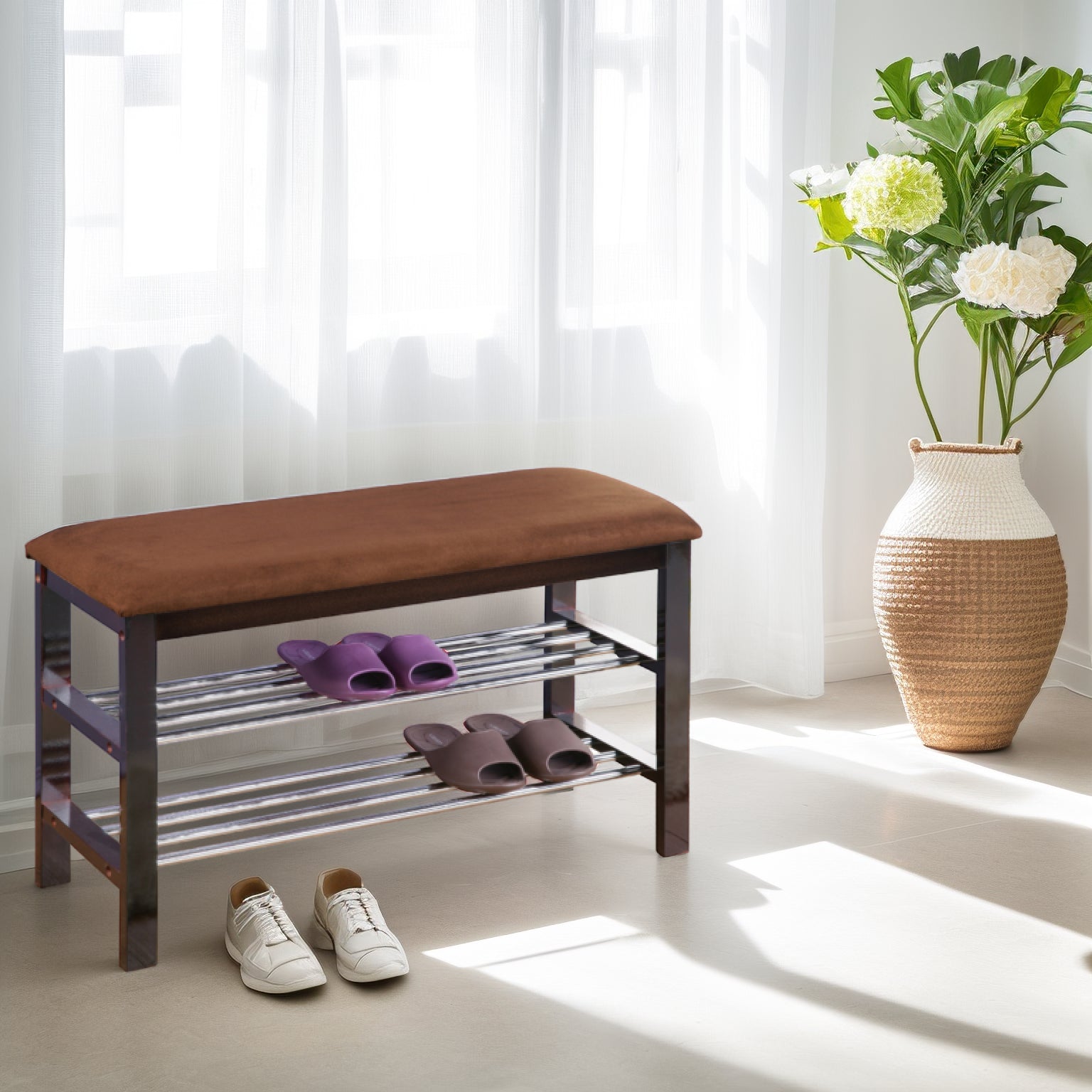 Wood Shoe Bench With Chocolate Microfiber Seat, Espresso Espresso Contemporary Wood Wood Fabric