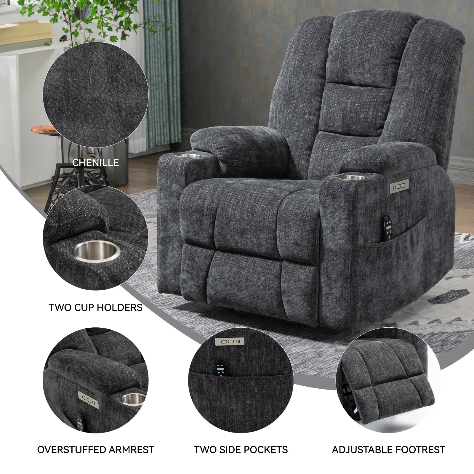 Emon'S Large Power Lift Recliner Chair With Massage And Heat For Elderly, Overstuffed Wide Recliners, Heavy Duty Motion Mechanism With Usb And Type C Ports, 2 Steel Cup Holders, Gray White Metal Primary Living Space Heavy Duty Pine Grey Chenille Power