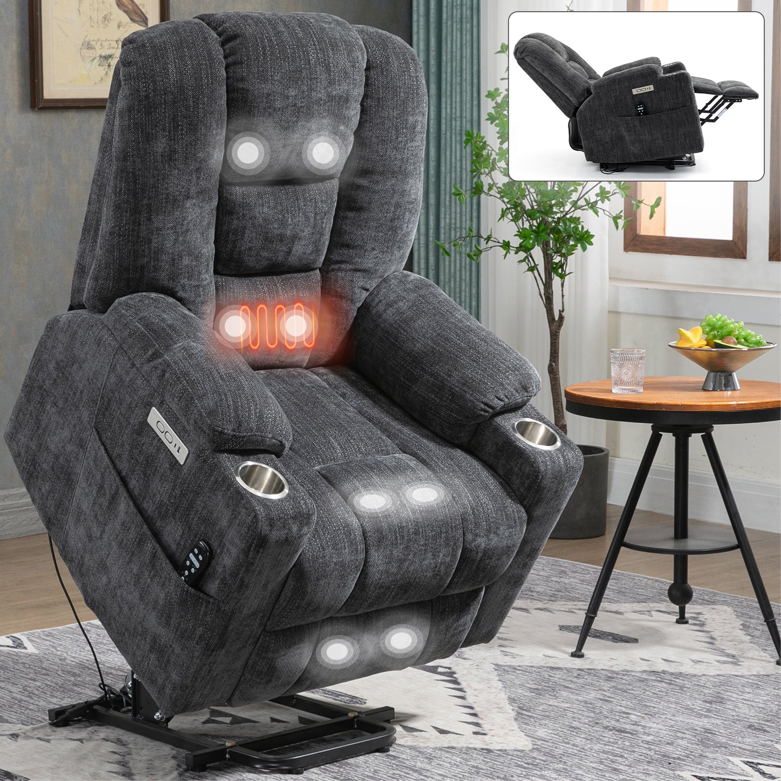 Emon'S Large Power Lift Recliner Chair With Massage And Heat For Elderly, Overstuffed Wide Recliners, Heavy Duty Motion Mechanism With Usb And Type C Ports, 2 Steel Cup Holders, Gray White Metal Primary Living Space Heavy Duty Pine Grey Chenille Power