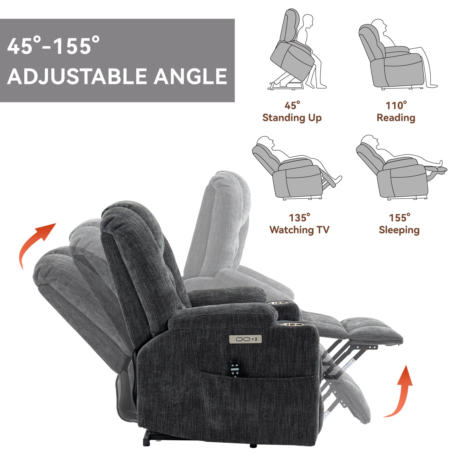 Emon'S Large Power Lift Recliner Chair With Massage And Heat For Elderly, Overstuffed Wide Recliners, Heavy Duty Motion Mechanism With Usb And Type C Ports, 2 Steel Cup Holders, Gray White Metal Primary Living Space Heavy Duty Pine Grey Chenille Power