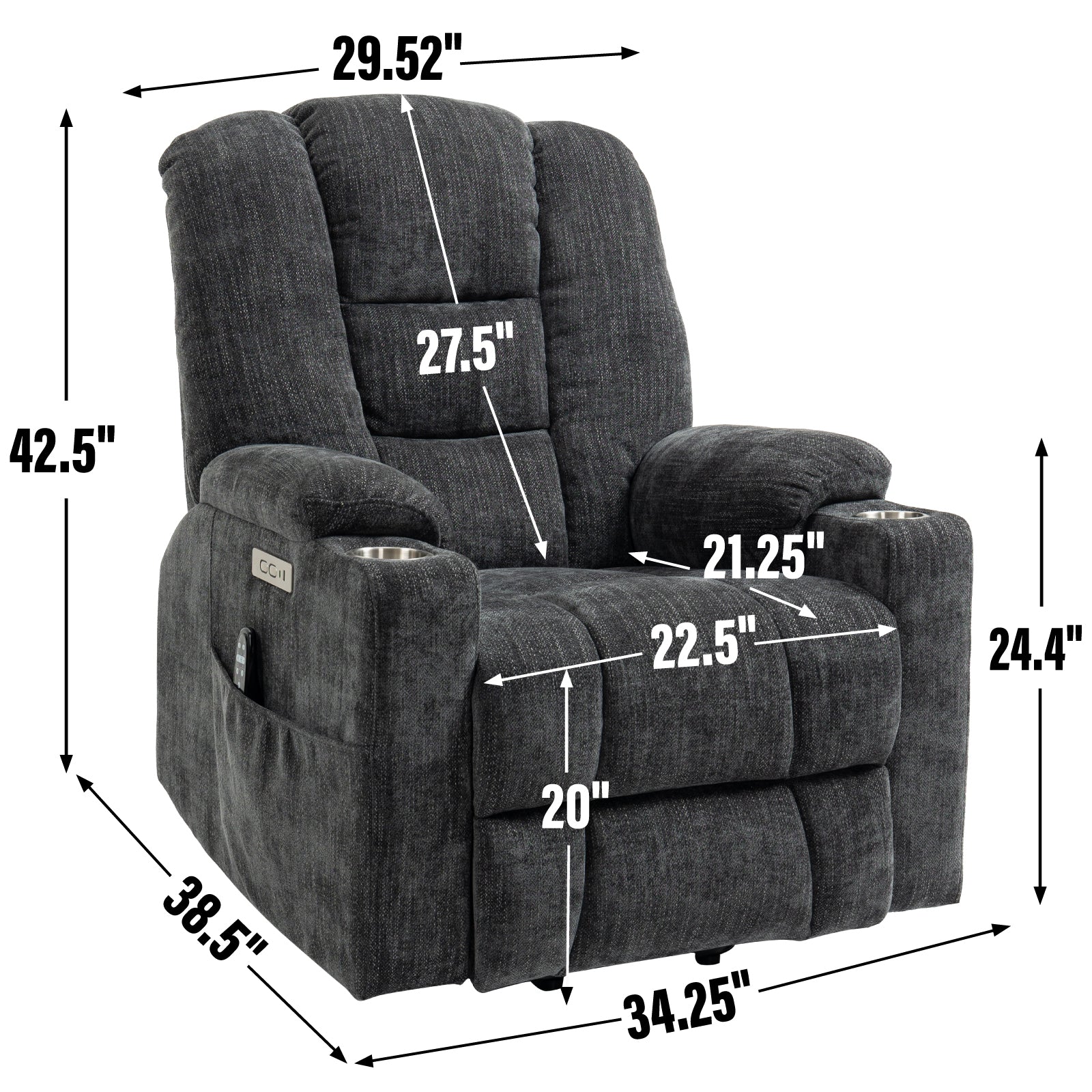Emon'S Large Power Lift Recliner Chair With Massage And Heat For Elderly, Overstuffed Wide Recliners, Heavy Duty Motion Mechanism With Usb And Type C Ports, 2 Steel Cup Holders, Gray White Metal Primary Living Space Heavy Duty Pine Grey Chenille Power