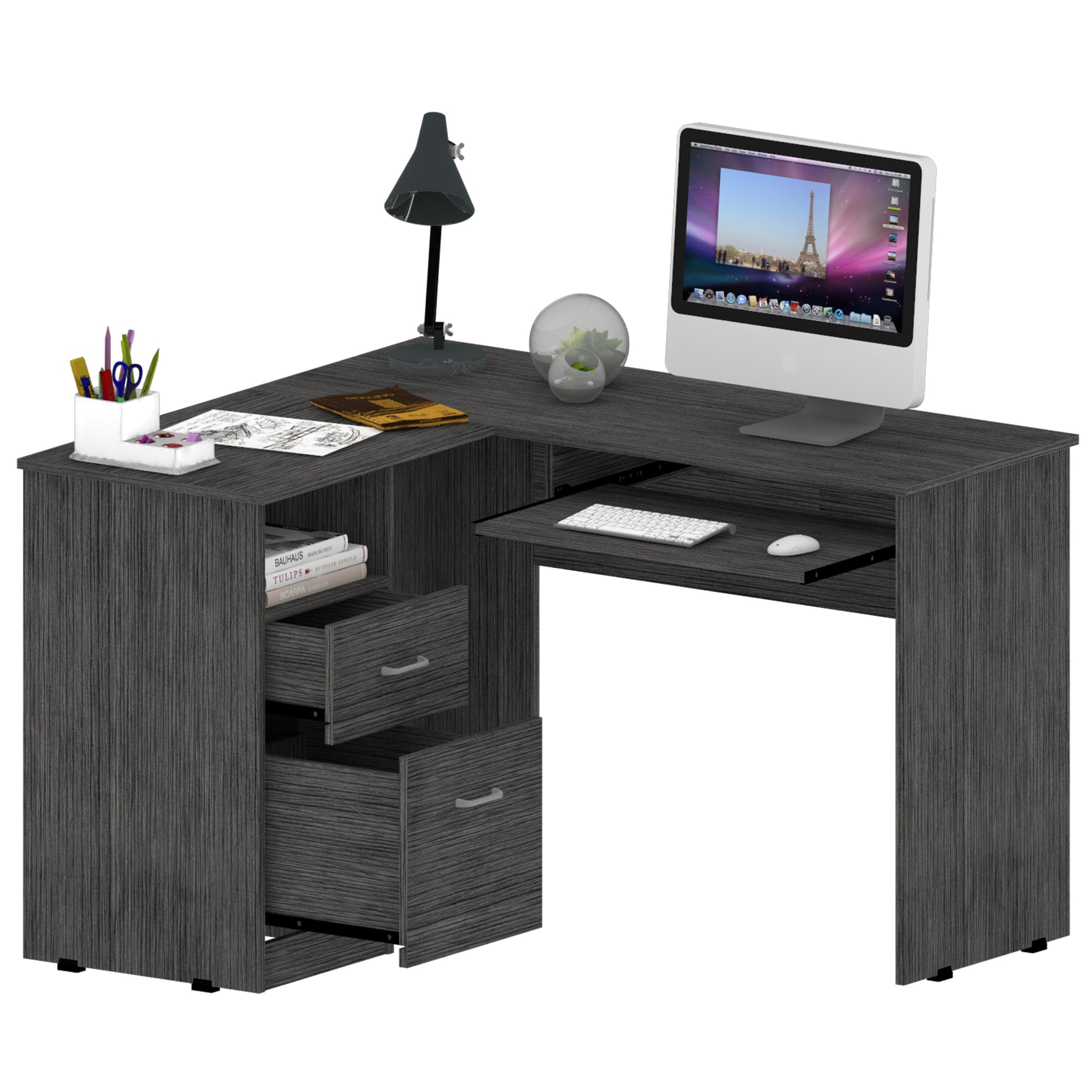 Raleigh L Shaped Desk, Two Drawers, One Shelf, Cpu Storage Brown Computer Desk Office American Design,Modern Freestanding Pine Desk Rectangular Pine Engineered Wood