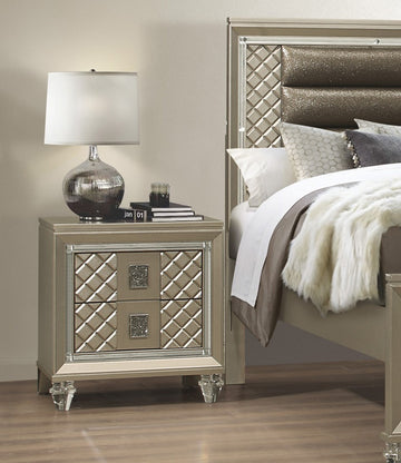 Glamorous Champagne Finish 1Pc Nightstand Of 2 Drawers Acrylic Feet Bedside Table Luxury Bedroom Furniture Beveled Mirror Trim Champagne 2 Drawers Bedroom Bedside Cabinet Wood