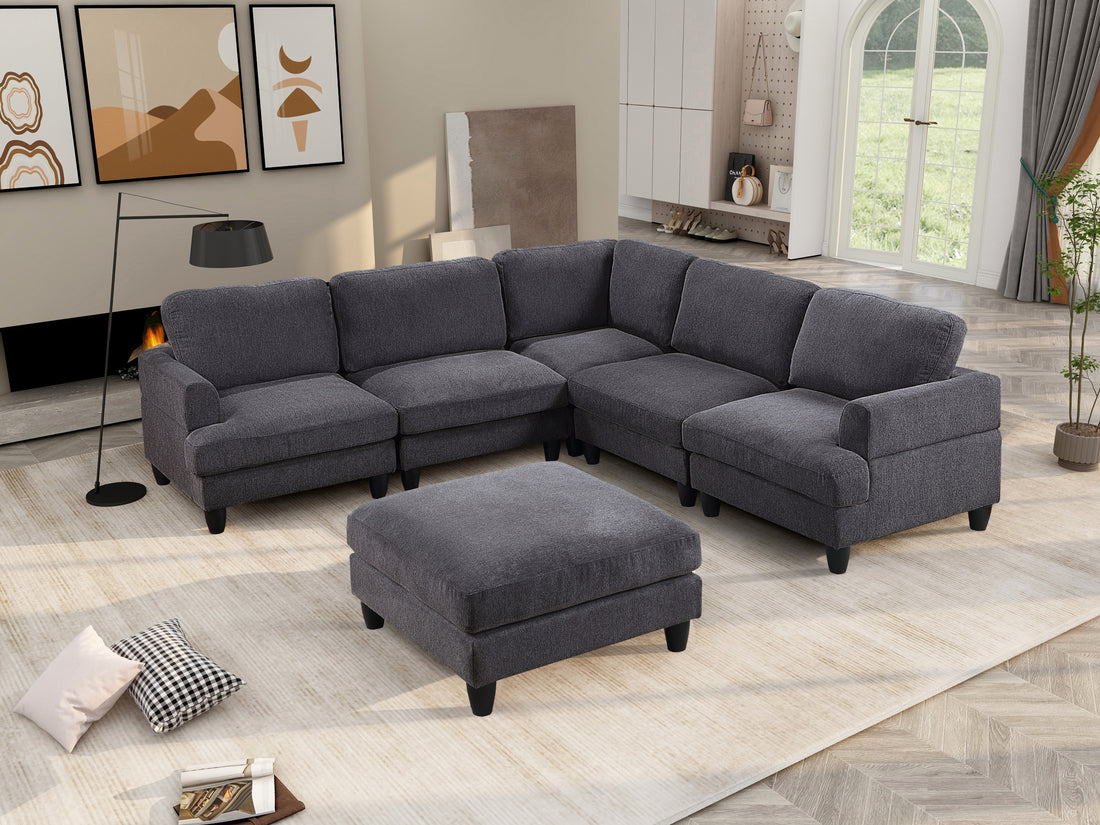 Modular Sofa, Sectional Couch U Shaped Sofa Couch With Ottoman, 6 Seat Chenille Corner Sofa For Living Room, Dark Gray Dark Gray Chenille Cushion Back Foam Plywood 6 Seat