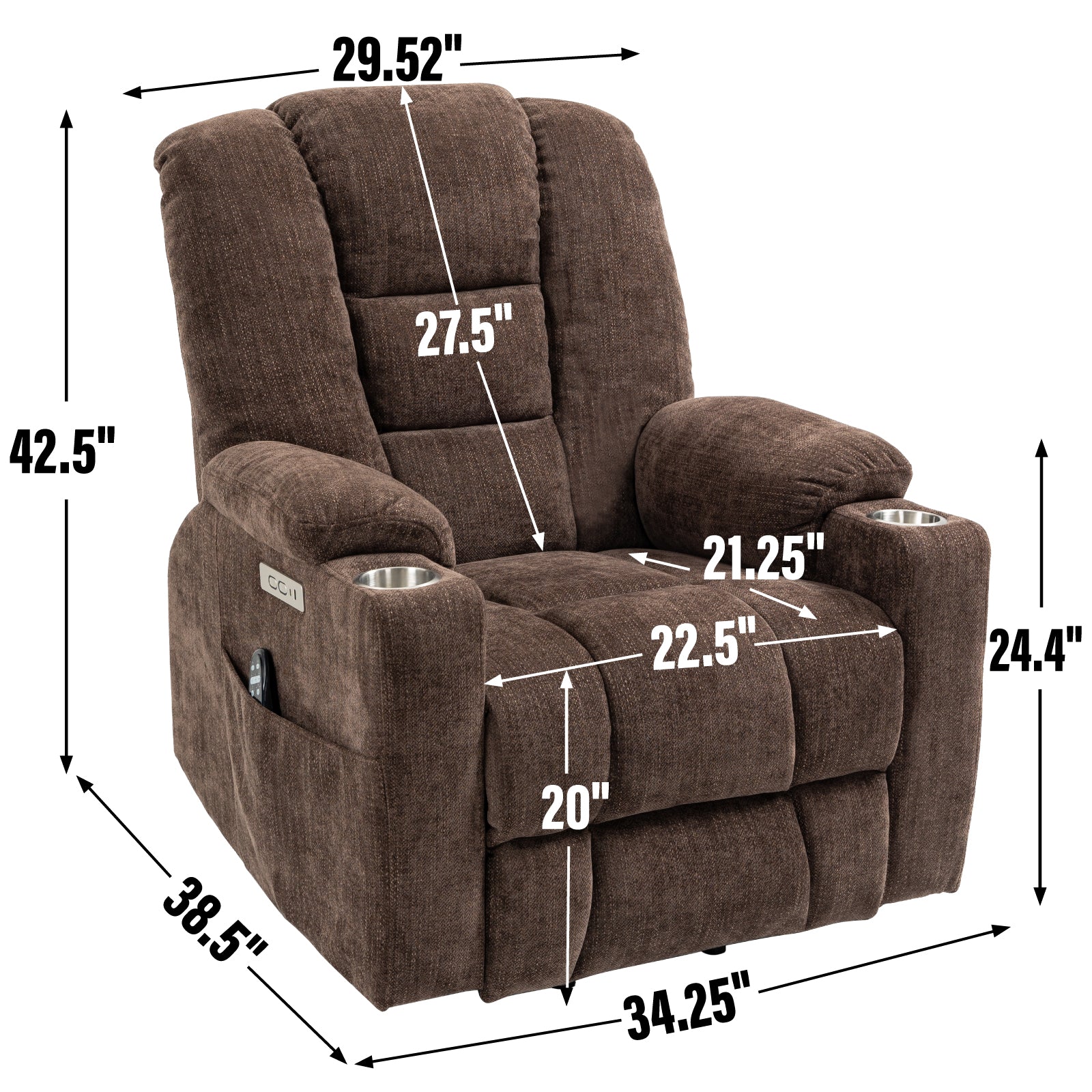 Emon'S Large Power Lift Recliner Chair With Massage And Heat For Elderly, Overstuffed Wide Recliners, Heavy Duty Motion Mechanism With Usb And Type C Ports, 2 Steel Cup Holders, Brown White Metal