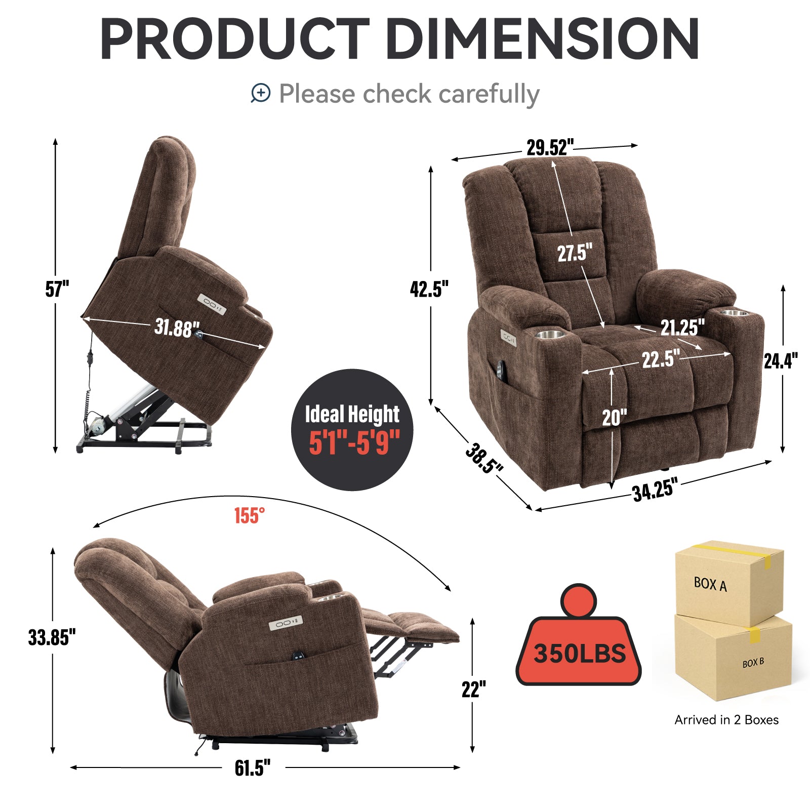 Emon'S Large Power Lift Recliner Chair With Massage And Heat For Elderly, Overstuffed Wide Recliners, Heavy Duty Motion Mechanism With Usb And Type C Ports, 2 Steel Cup Holders, Brown White Metal