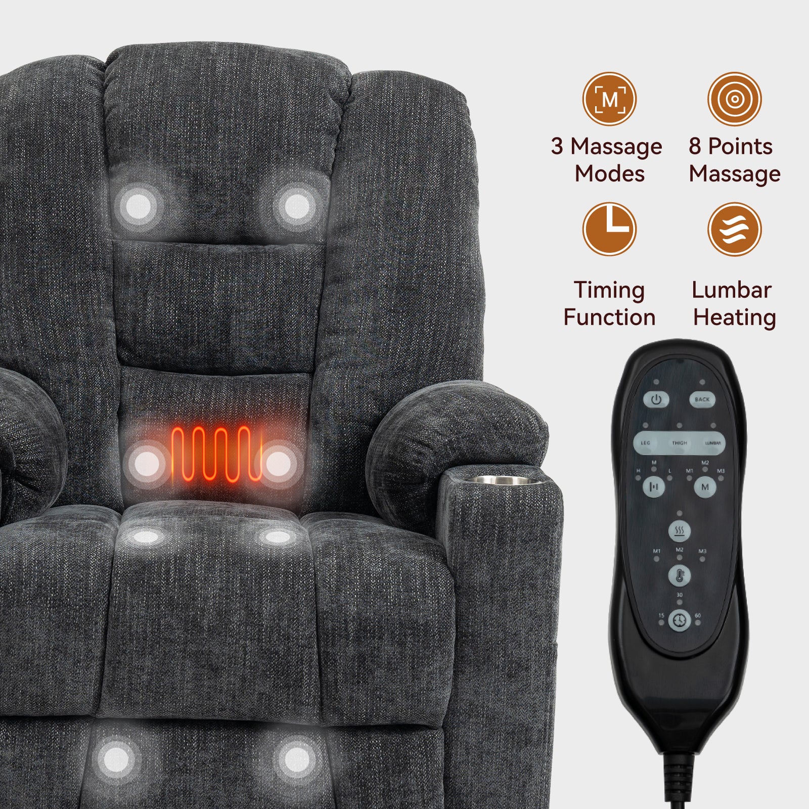 Emon'S Large Power Lift Recliner Chair With Massage And Heat For Elderly, Overstuffed Wide Recliners, Heavy Duty Motion Mechanism With Usb And Type C Ports, 2 Steel Cup Holders, Gray White Metal Primary Living Space Heavy Duty Pine Grey Chenille Power
