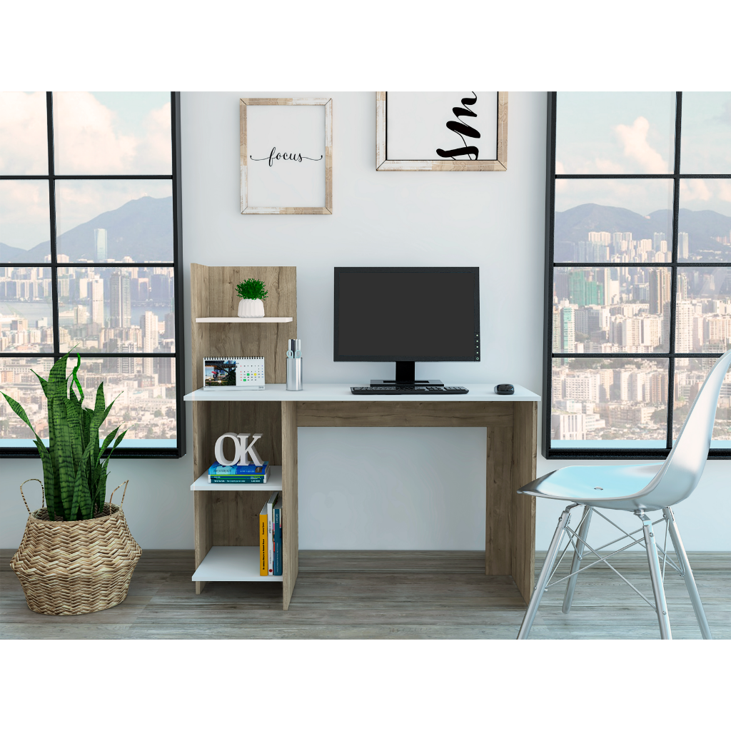 Tecoa Writing Desk, Four Shelves White Triangular Office Pine Rectangular Multicolor Computer Desk Industrial,Modern Automatic Freestanding Bookcase Computer Tables Pine Engineered Wood