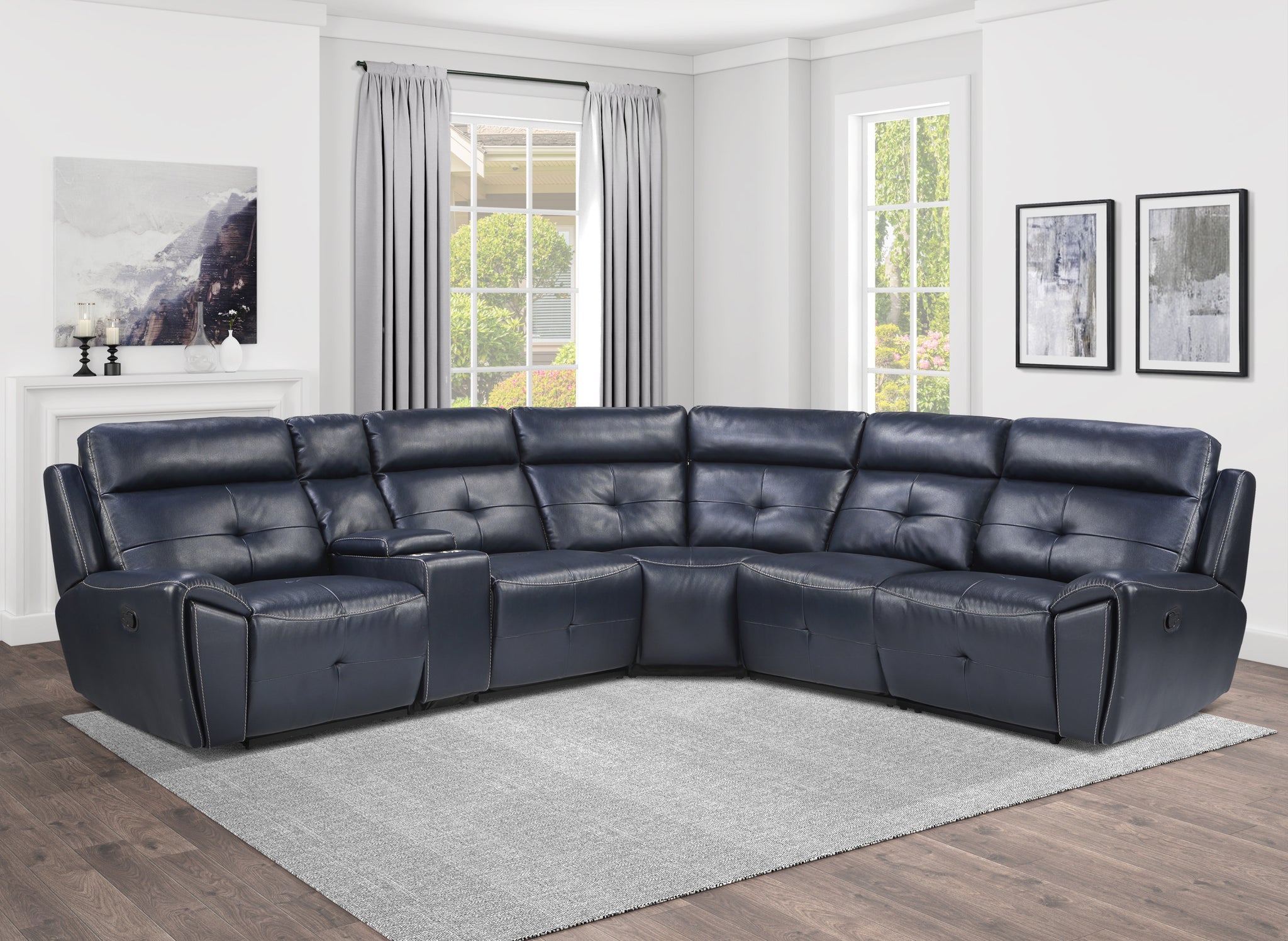 6 Piece Modular Reclining Sectional Navy Blue Premium Faux Leather Tufted Details Solid Wood Modern Living Room Furniture Plush Pillow Back Seating Navy Faux Leather Wood Primary Living Space Pillow Back Modern Solid Wood