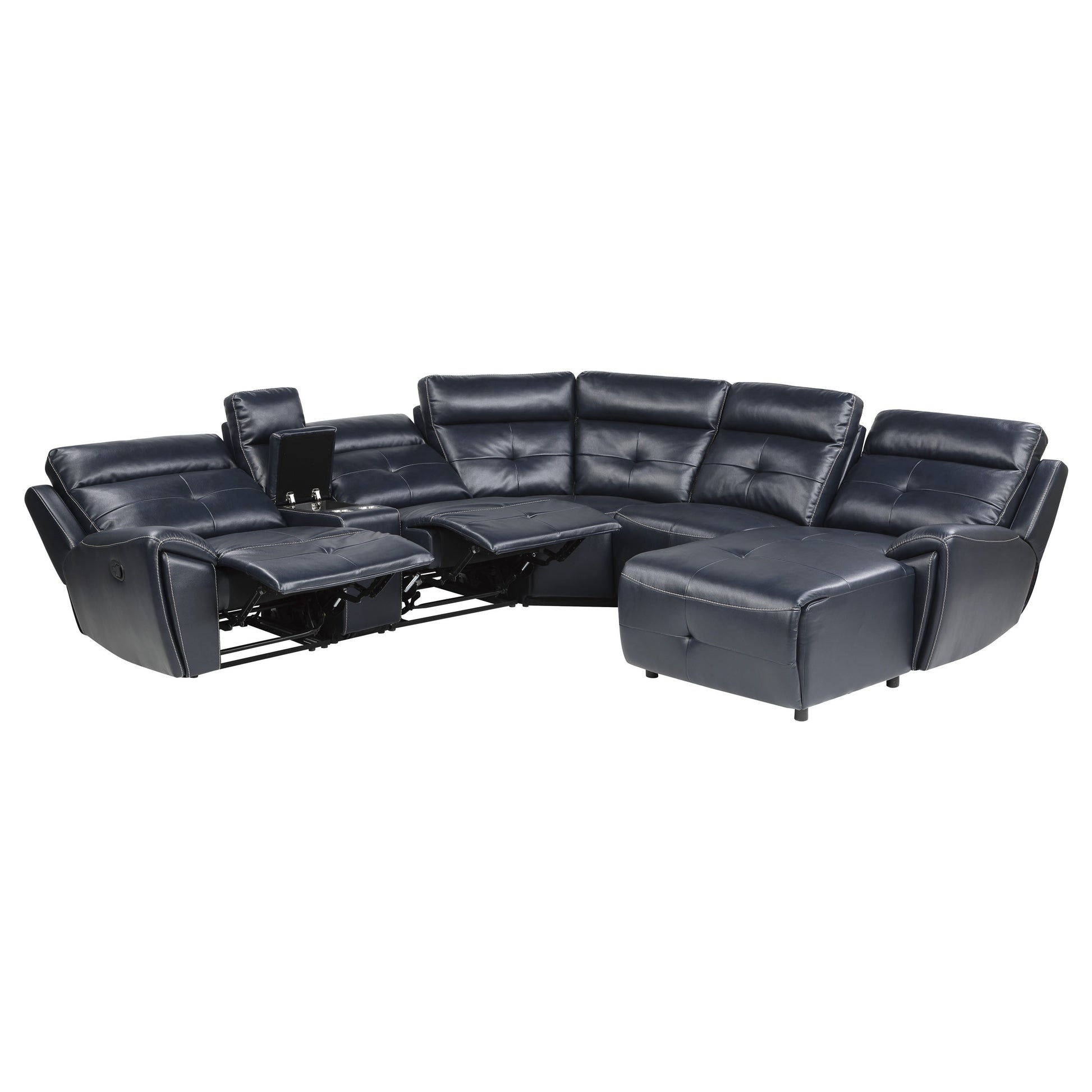 6 Piece Modular Reclining Sectional With Right Chaise Navy Blue Premium Faux Leather Tufted Details Solid Wood Modern Living Room Furniture Plush Pillow Back Seating Navy Faux Leather Wood Primary Living Space Pillow Back Modern Solid Wood