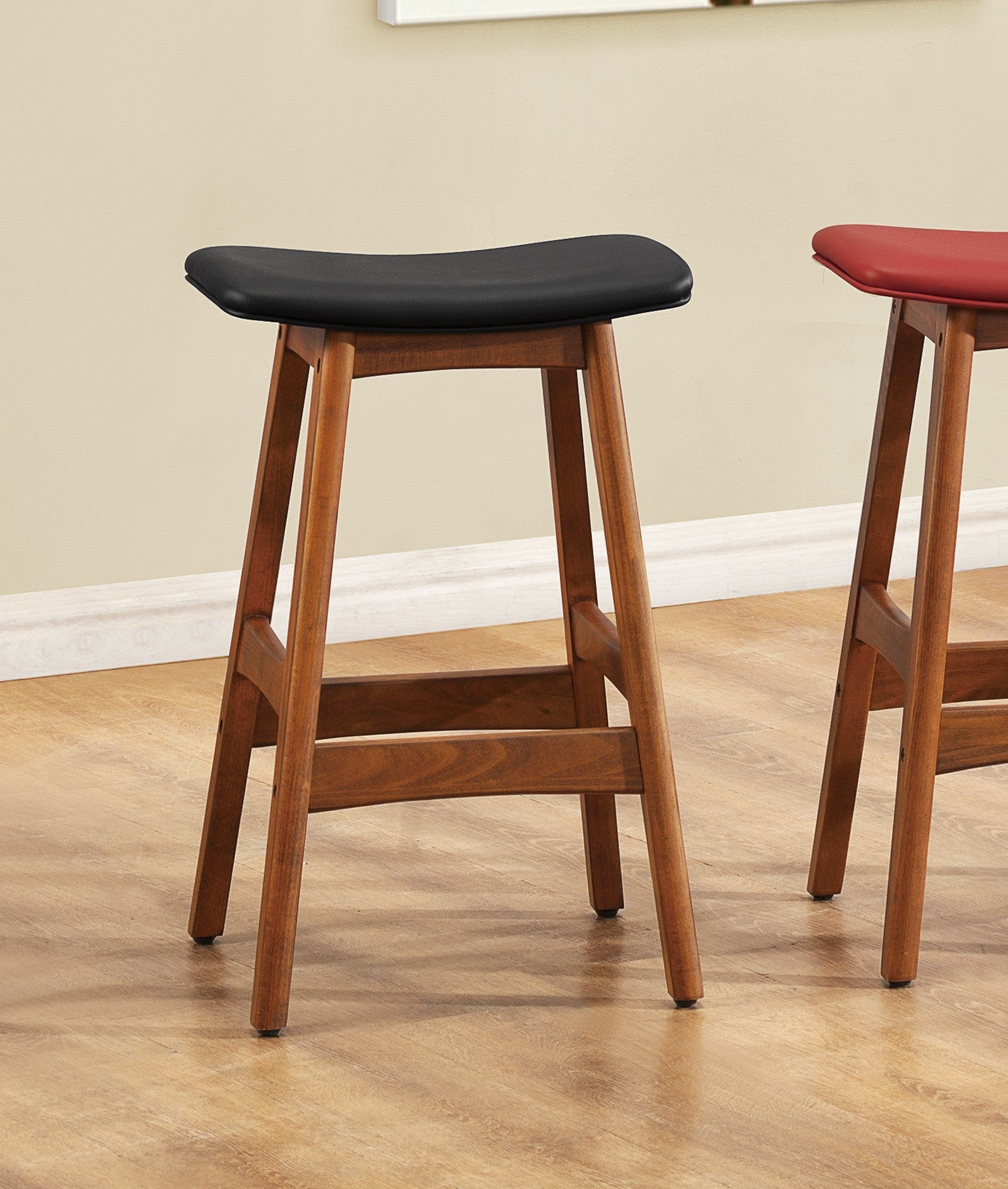 Solid Wood Walnut Finish Counter Height Stools Set Of 2 Matt Black Faux Leather Seat Mid Century Modern Barstools Kitchen Dining Furniture Black Kitchen Mid Century Modern Solid Wood