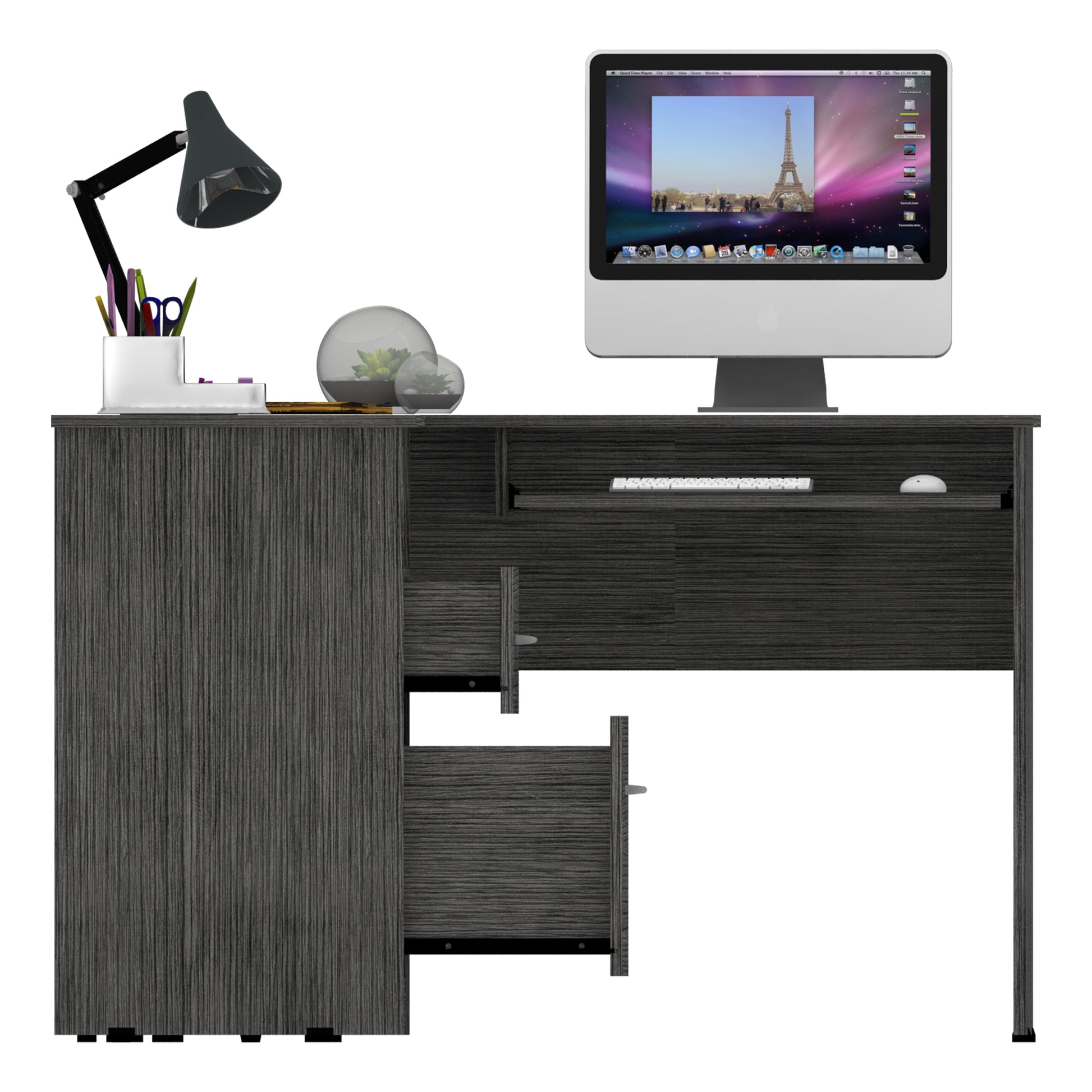 Raleigh L Shaped Desk, Two Drawers, One Shelf, Cpu Storage Smoke Grey Computer Desk Office American Design,Modern Freestanding Engineered Hardwood Desk Rectangular Particle Board Engineered Wood