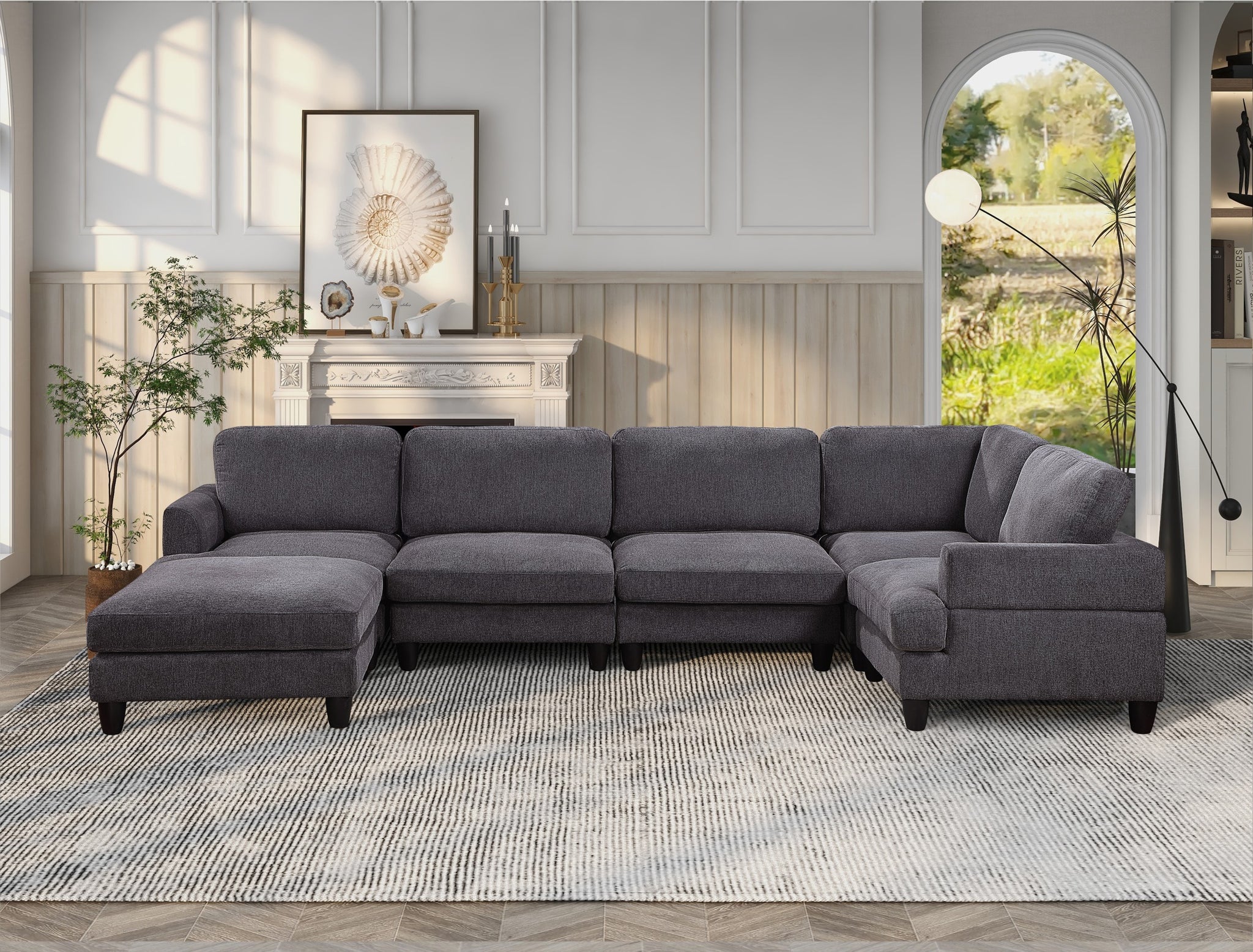 Modular Sofa, Sectional Couch U Shaped Sofa Couch With Ottoman, 6 Seat Chenille Corner Sofa For Living Room, Dark Gray Dark Gray Chenille Cushion Back Foam Plywood 6 Seat