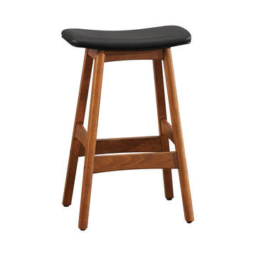 Solid Wood Walnut Finish Counter Height Stools Set Of 2 Matt Black Faux Leather Seat Mid Century Modern Barstools Kitchen Dining Furniture Black Kitchen Mid Century Modern Solid Wood