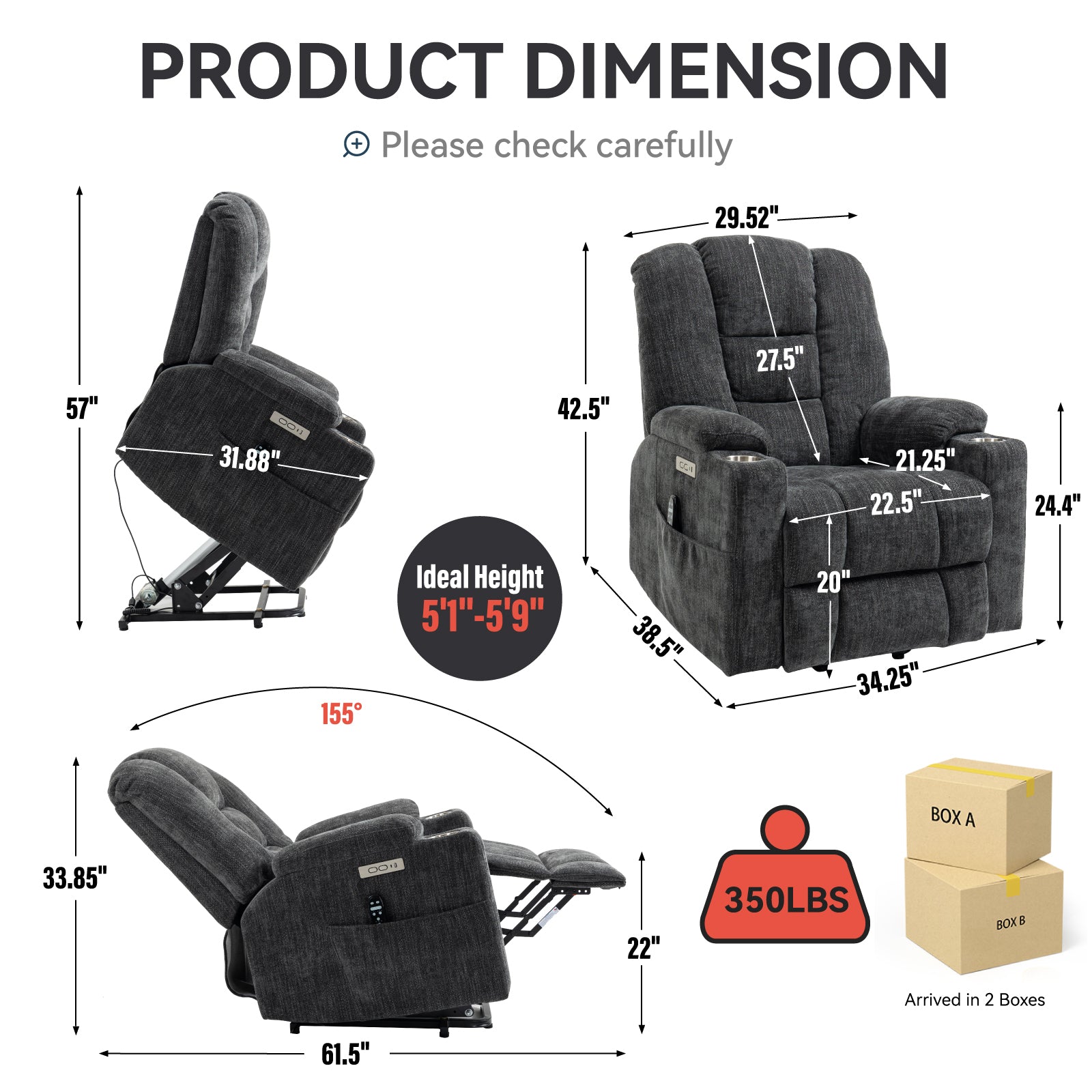 Emon'S Large Power Lift Recliner Chair With Massage And Heat For Elderly, Overstuffed Wide Recliners, Heavy Duty Motion Mechanism With Usb And Type C Ports, 2 Steel Cup Holders, Gray White Metal Primary Living Space Heavy Duty Pine Grey Chenille Power