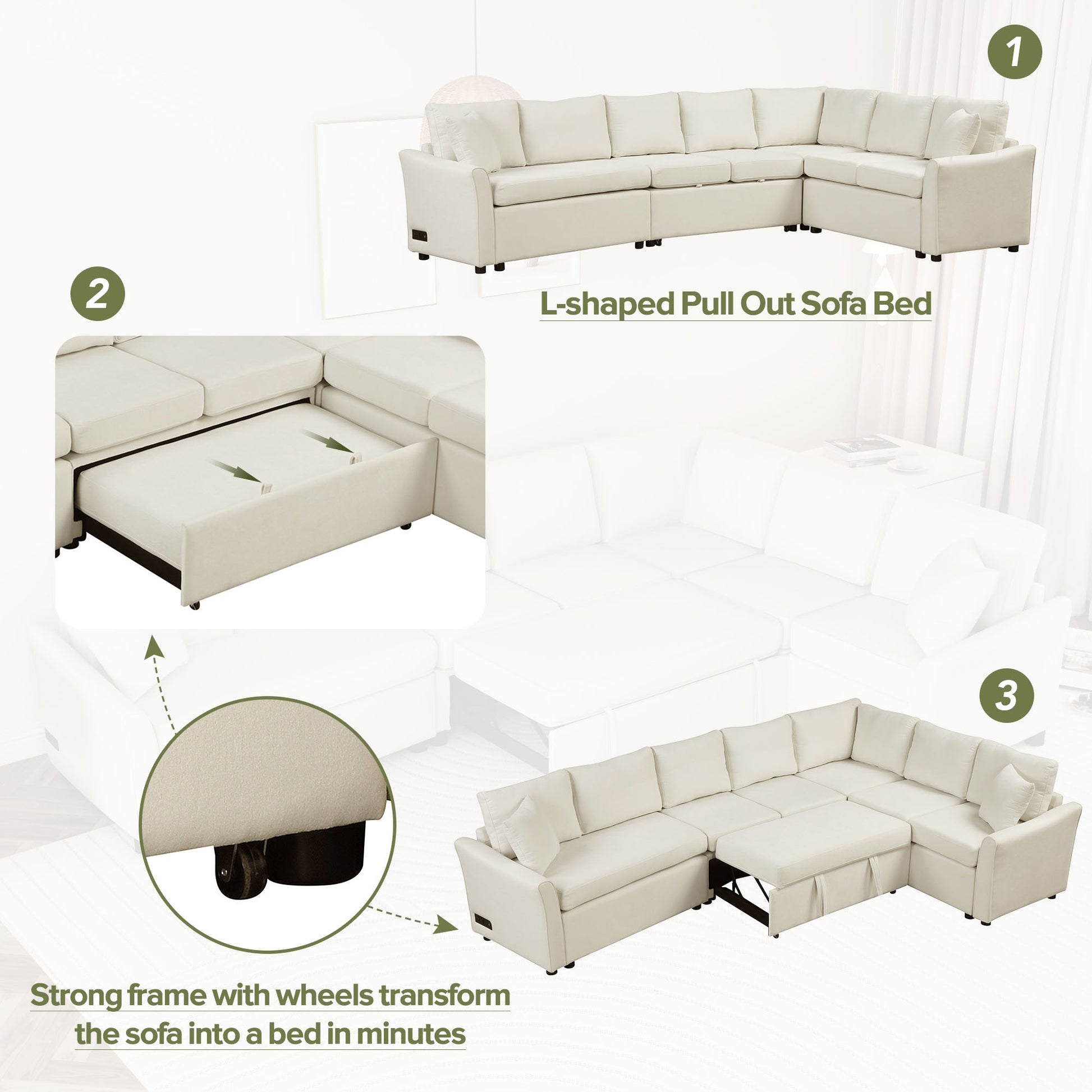 124.8"L Shaped Sofa Convertible Sofa Bed Pull Out Sofa Sleeper With Two Back Pillows, Two Usb Ports And Two Power Sockets For Living Room, Beige Old Sku:Sg000890Aaa Beige Foam Chenille 6 Seat