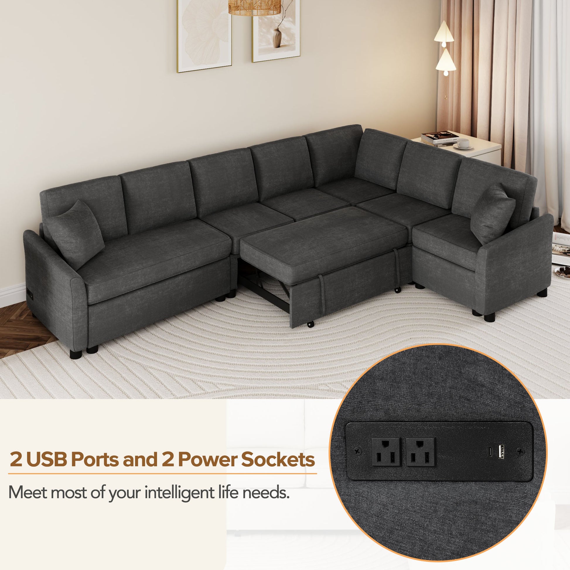 124.8"L Shaped Sofa Convertible Sofa Bed Pull Out Sofa Sleeper With Two Back Pillows, Two Usb Ports And Two Power Sockets For Living Room, Gray Old Sku:Sg000890Aae Gray Foam Chenille 6 Seat