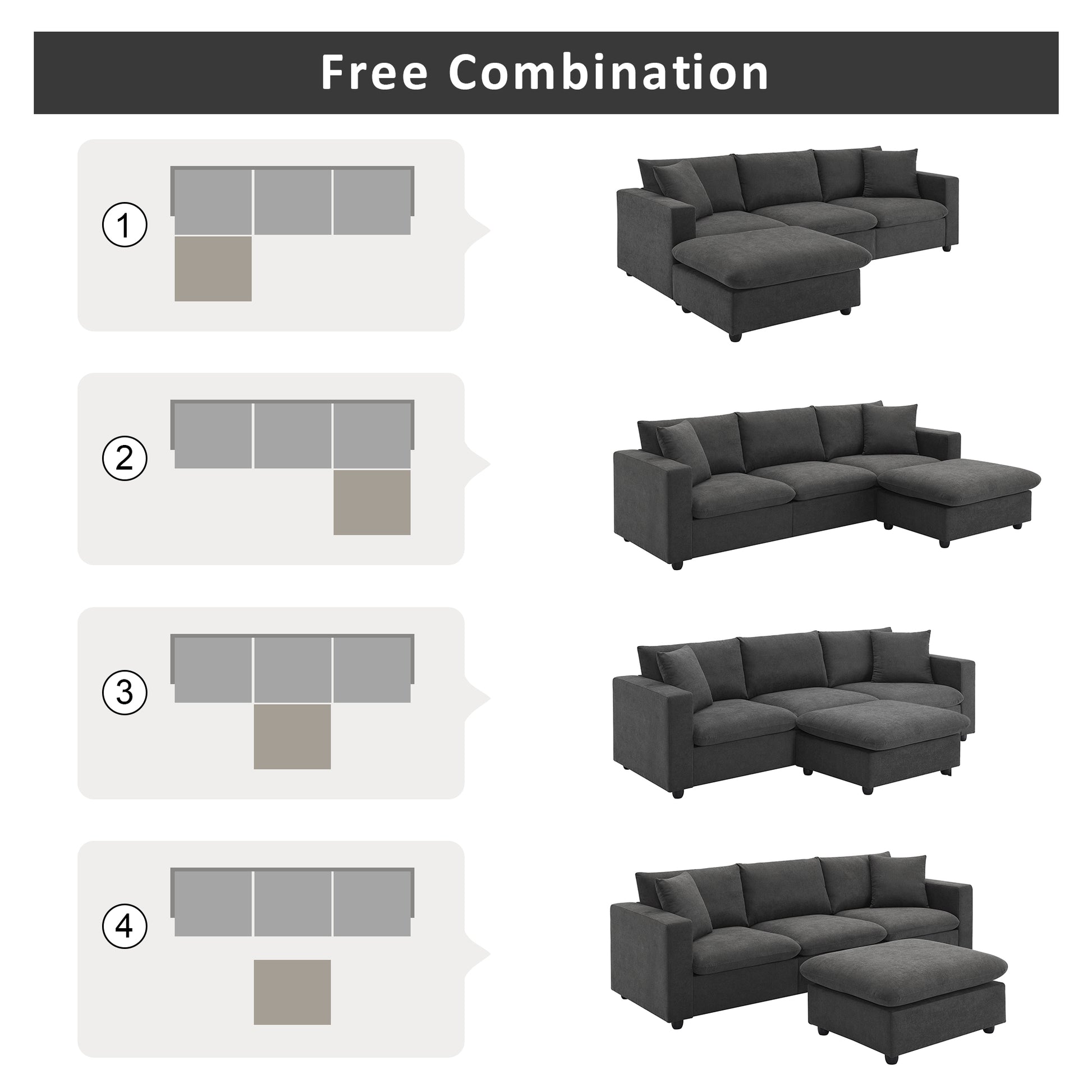 100.4*64.6" Modern Sectional Sofa,L Shaped Couch Set With 2 Free Pillows,4 Seat Polyester Fabric Couch Set With Convertible Ottoman For Living Room, Apartment, Office,4 Colors Dawn Grey Polyester 3 Seat