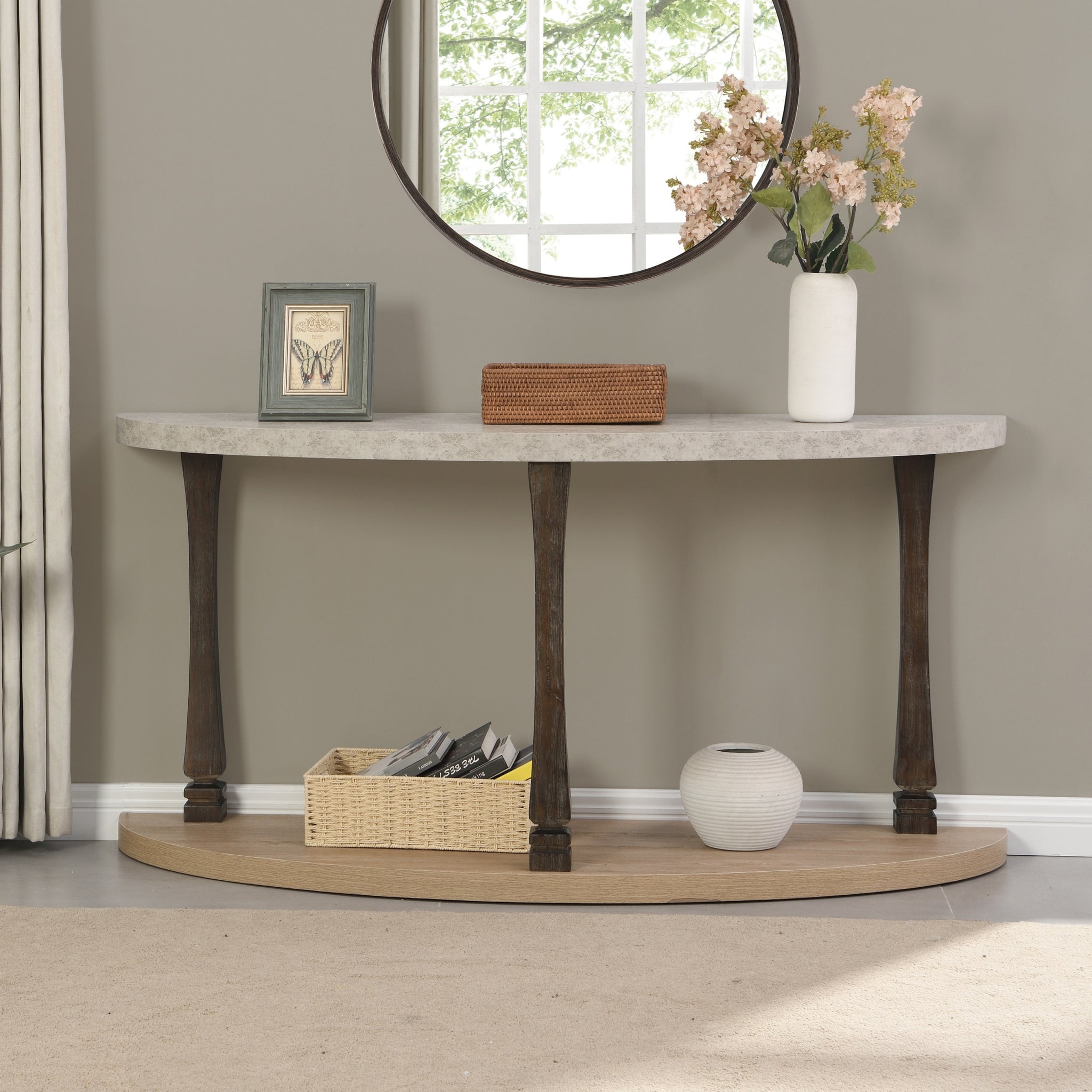 48 Inch Long Semi Circle Demilune Sofa Table For Small Hallway Entryway Space, Wooden Half Moon Sturdy Console Tables, Grey&Natural Colour Light Grey Natural Primary Living Space Antique,Modern Semicircular Console Tables Solid Wood Mdf