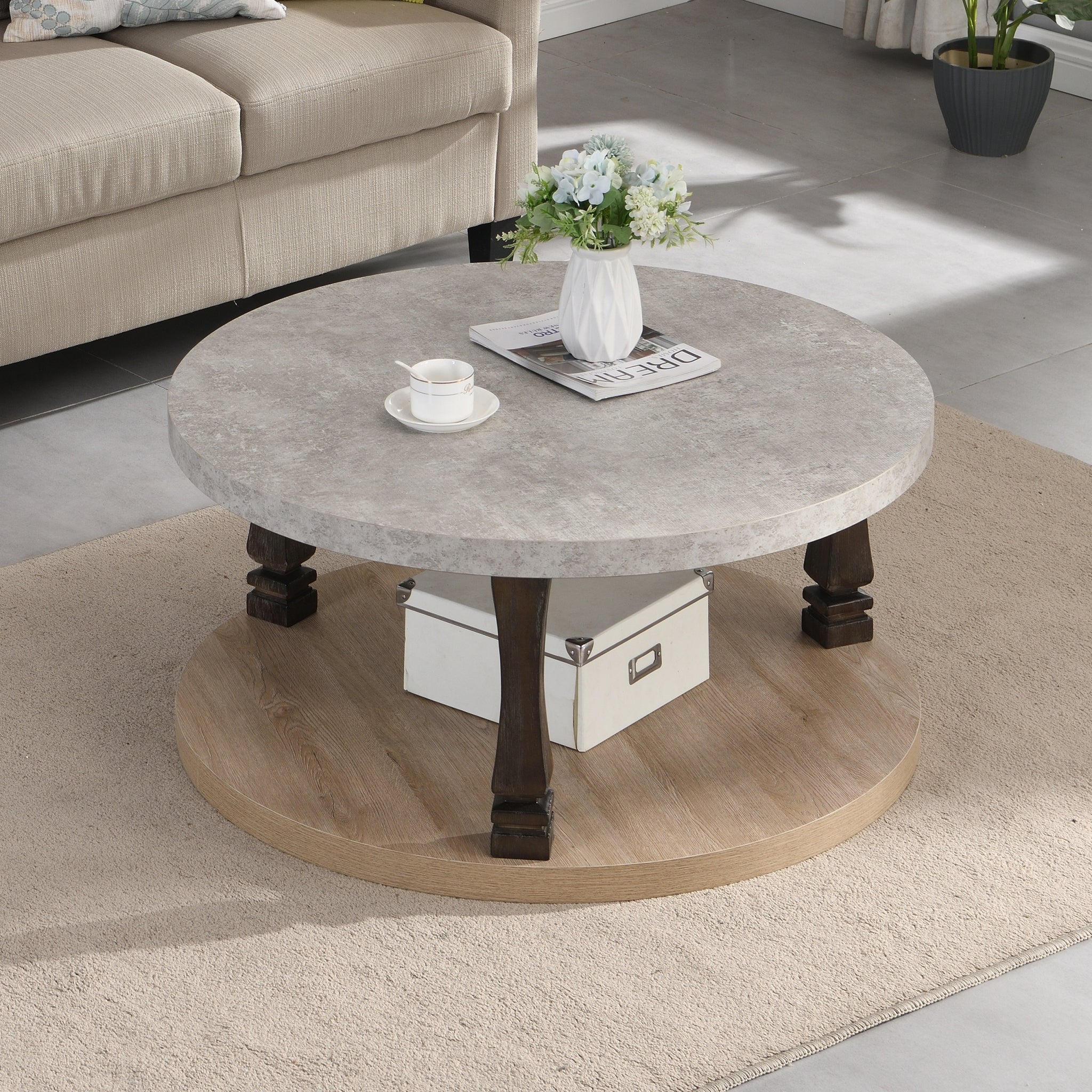 Mid Century 2 Tier Round Coffee Table With Storage Shelf, Grey Light Grey Natural Espresso Primary Living Space American Traditional Round Coffee & End Tables Round Solid Wood Mdf