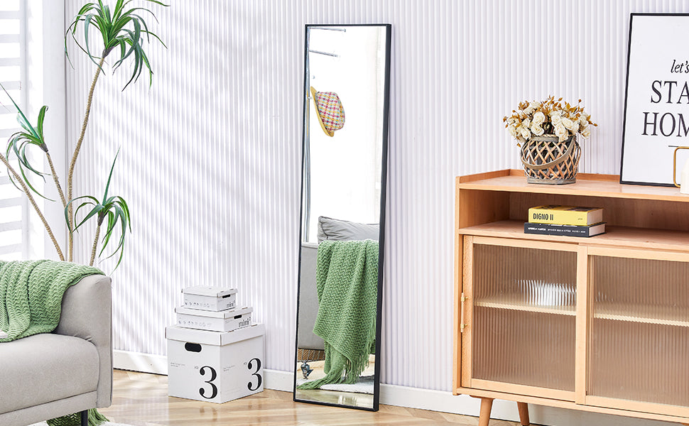 4Rd Generation Black Solid Wood Frame Full Length Mirror, Dressing Mirror, Bedroom Porch, Decorative Mirror, Clothing Store, Floor To Ceiling Mirror, Wall Mounted. 58 Inches * 15 Inches W1151124246 Transparent Glass