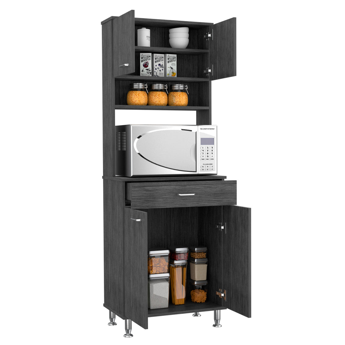 Helis 60 Pantry Double Door Cabinet, One Drawer, Four Legs, Three Shelvessmokey Oak Gray Particle Board Particle Board