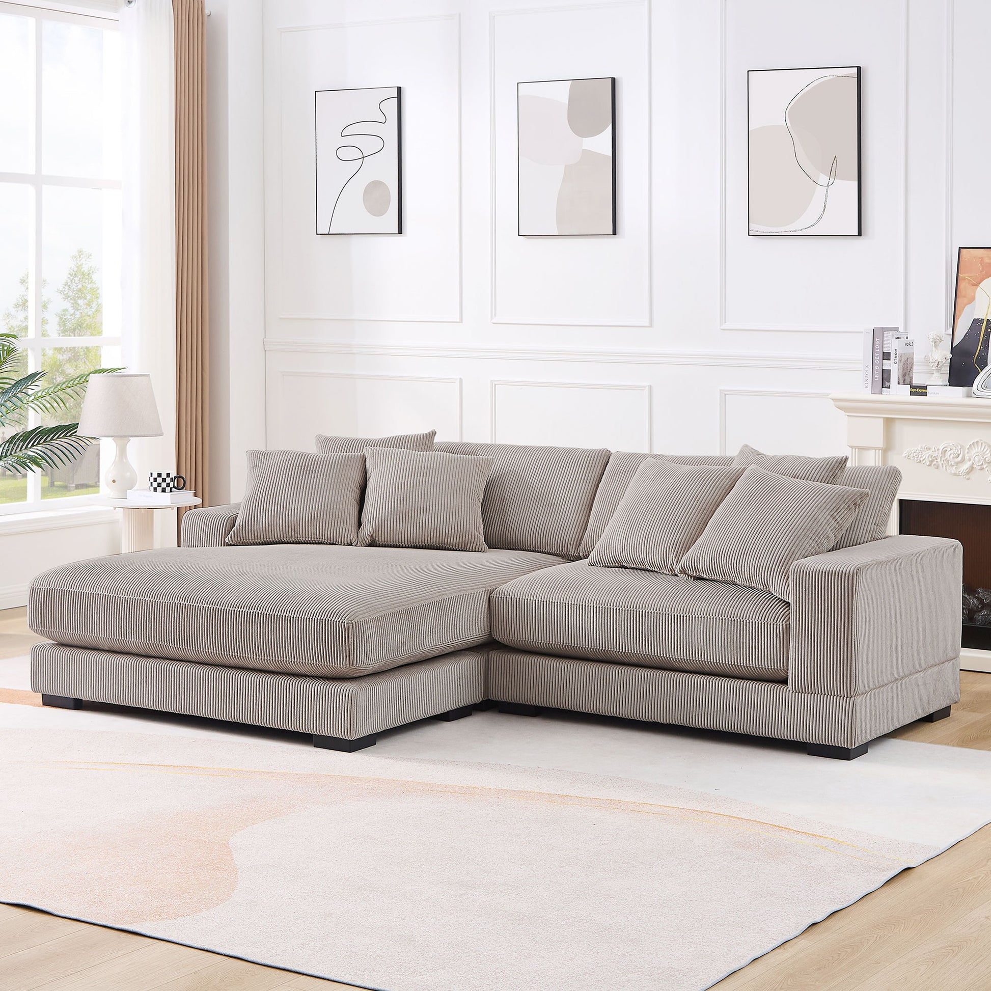 106.28Inch Sectional Couch Covers L Shaped Sofa Covers Chaise Lounge Cover 2 Pieces Sofa Cover Soft With 6Pcs Pillows For Living Room,Office. Light Brown Corduroy 4 Seat