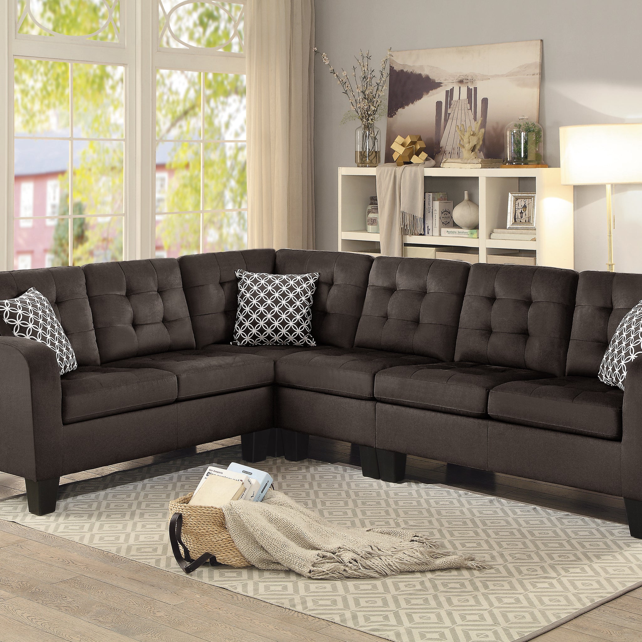 Dark Brown Reversible 4 Piece Sectional Sofa Tufted Detail Textured Fabric Upholstered Solid Wood Contemporary Living Room Furniture L Shape Sofa Couch Chocolate Polyester Wood Primary Living Space Pillow Back Contemporary L Shaped Solid Wood