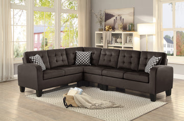 Dark Brown Reversible 4 Piece Sectional Sofa Tufted Detail Textured Fabric Upholstered Solid Wood Contemporary Living Room Furniture L Shape Sofa Couch Chocolate Polyester Wood Primary Living Space Pillow Back Contemporary L Shaped Solid Wood