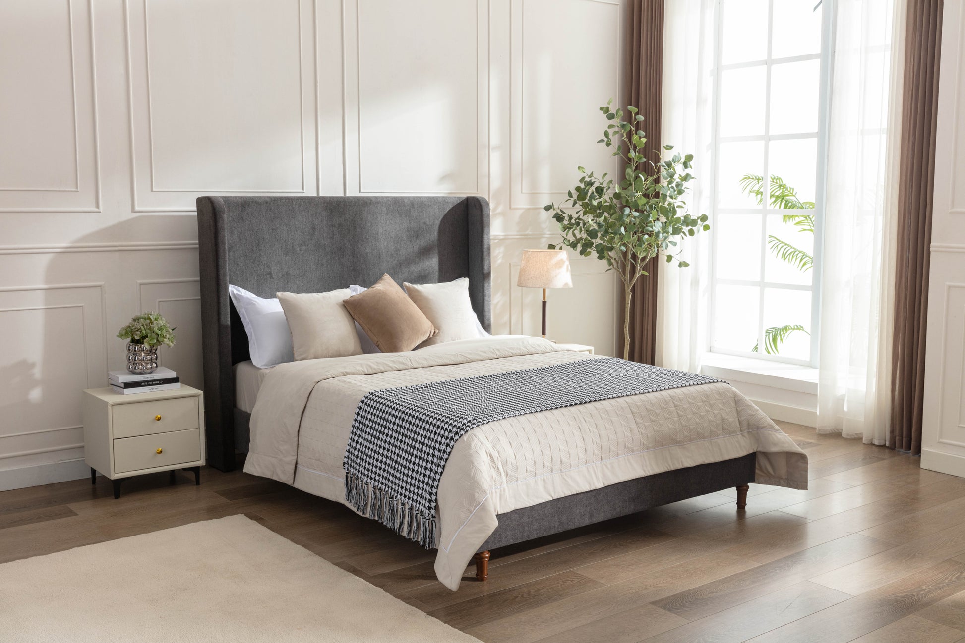 Harper Tall Headboard Upholstered Bed 54" High Headboard Elegant Simplicity No Box Spring Needed Easy Assembly Queen Dark Gray Velvet Box Spring Not Required Queen Dark Gray Metal Brown Bedroom Contemporary Oak Bed Frame Foam Velvet Fabric Metal