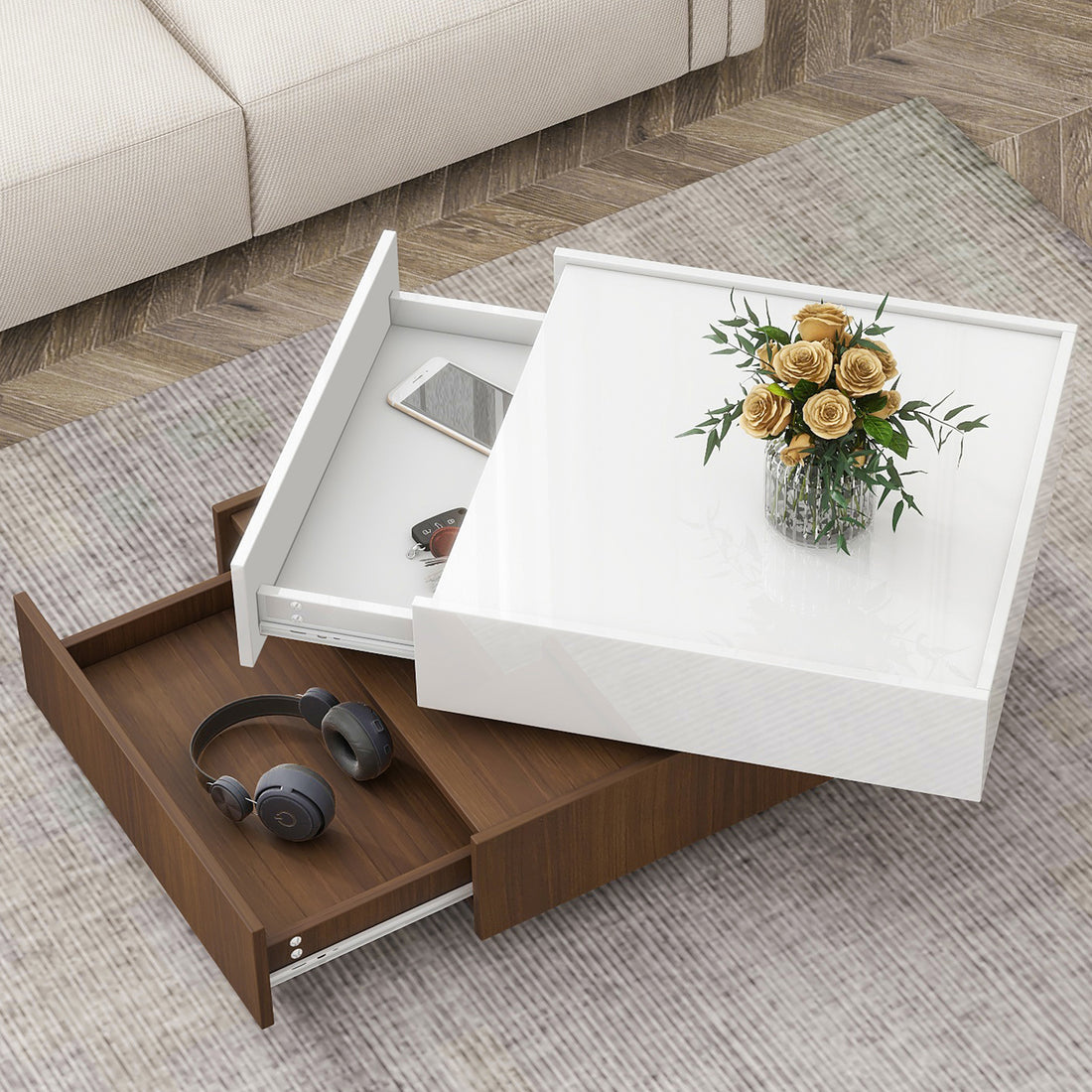 Square 360 Rotating Coffee Table With 2 Drawers, High Gloss 2 Tier Center Table With Swivel Tabletop And Storage, Walnut Table Frame Side Table For Living Room, White White Walnut Primary Living Space Glossy Square Particle Board